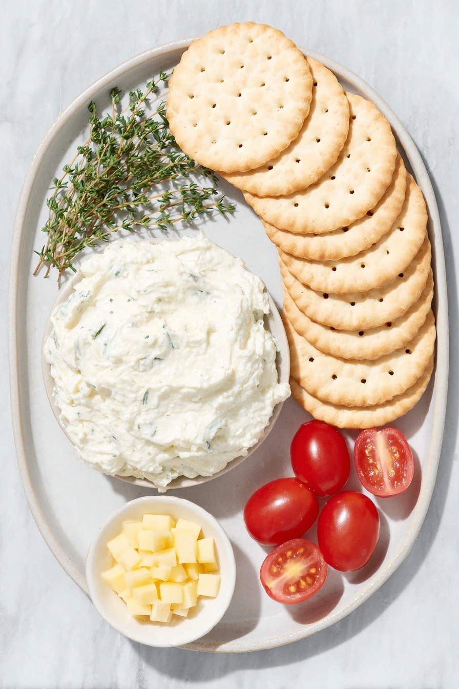Flat lay of a neat stack of round rice crackers, a small mound of smooth whipped cream cheese on a simple white ceramic plate, several small sprigs of fresh dill arranged neatly on a white ceramic dish, a single bright yellow bell pepper sliced into tiny rectangular dices in a small white bowl, and six shiny red cherry tomatoes with one halved displayed beside them, all placed on a clean white marble surface, soft natural light, photo taken with an iPhone, professional food photography style, fresh ingredients, white ceramic bowls, no bottles, no duplicates, no utensils, no packaging --ar 2:3 --v 7 --p m7354615311229779997 - Christmas Ornament Appetizer Bites, holiday appetizer ideas, festive party snacks, Christmas appetizer recipes, easy holiday hors d'oeuvres