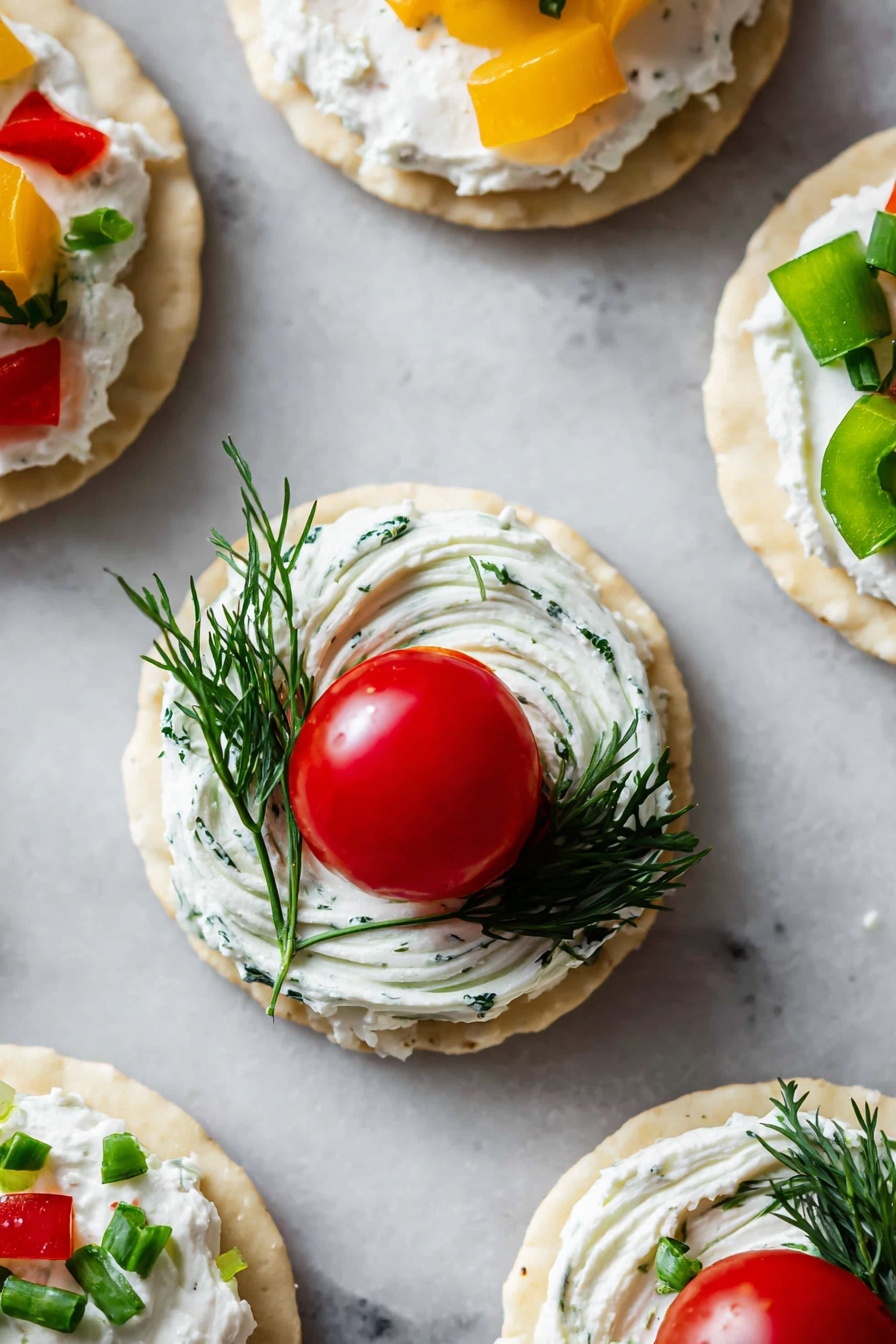 The image shows several small round crackers on a white marbled surface, each topped with different fresh toppings. The central cracker has a base layer of white cream cheese swirled in a circular pattern, decorated with green dill sprigs around the edges, and topped with a shiny whole small red tomato accented with a tiny piece of yellow pepper. Around it, other crackers display similar layers with swirled or square patches of white cream cheese, garnished with green herbs like parsley and chives, and small pieces of red and green peppers. The overall look is colorful, fresh, and neatly arranged. photo taken with an iphone --ar 2:3 --v 7 - Christmas Ornament Appetizer Bites, holiday appetizer ideas, festive party snacks, Christmas appetizer recipes, easy holiday hors d'oeuvres