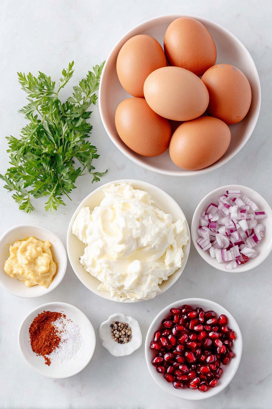 Flat lay of six whole uncracked brown eggs, a small white ceramic bowl of creamy mayonnaise, a small white bowl of vibrant minced dill pickles, a small white bowl of finely diced purple-red onion, a small white bowl with a heap of golden yellow dijon mustard, a small white bowl containing bright red pomegranate seeds, a small white bowl of deep red paprika powder, a small white bowl of coarse black pepper, a small white bowl of white salt crystals, and a few fresh green parsley sprigs arranged symmetrically, all placed on a clean white marble surface, soft natural light, photo taken with an iPhone, professional food photography style, fresh ingredients, white ceramic bowls, no bottles, no duplicates, no utensils, no packaging --ar 2:3 --v 7 --p m7354615311229779997 - Christmas Deviled Eggs with Pomegranate, festive deviled eggs, holiday appetizer recipes, pomegranate appetizer ideas, easy holiday party snacks
