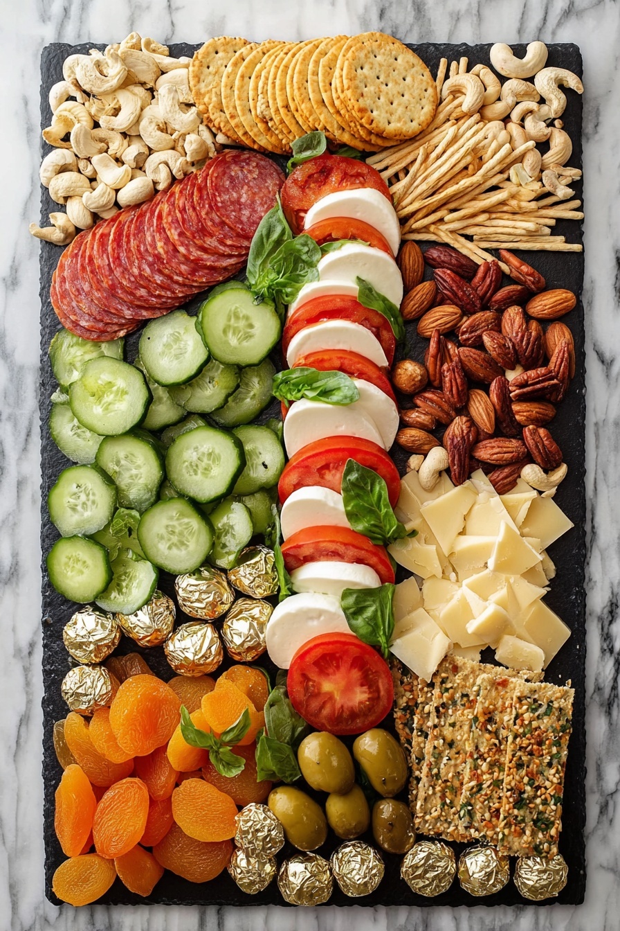 A rectangular black board holds a colorful charcuterie arrangement on a white marbled surface. On the left side, there are layers of green cucumber slices with smooth textures and darker edges. Above the cucumbers are folded red and white slices of salami. Moving to the center, a cluster of green olives is surrounded by round, golden-brown crackers stacked in a small pile. Toward the top right, slices of fresh mozzarella and bright red tomato alternate in three vertical lines, each pair separated by small green basil leaves with a soft texture. On the bottom left, there are cubes of yellow and pale cheese mixed with scattered nuts like almonds and cashews. Finally, the right edge has several orange dried apricot slices, green leafy herbs, and thin brown pretzels with a slightly shiny surface. Small metallic gold and silver balls are placed across the board for decoration photo taken with an iphone --ar 2:3 --v 7 - Christmas Charcuterie Board, festive holiday appetizer, holiday party platter, easy Christmas appetizer, Christmas cheese board