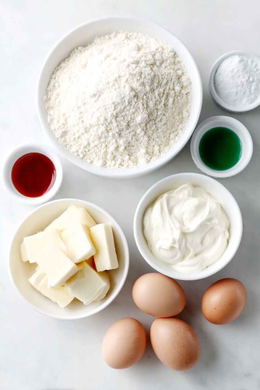 Flat lay of a medium white ceramic bowl filled with finely ground almond flour, a small white ceramic bowl with powdered sugar, three whole large eggs with clean shells, a small white ceramic bowl containing granulated sugar, three small white ceramic bowls each holding vivid red, green, and white gel food coloring, a medium white ceramic bowl with softened unsalted butter, a small white ceramic bowl of heavy cream, a small white ceramic bowl with vanilla extract, placed on a clean white marble surface, soft natural light, photo taken with an iPhone, professional food photography style, fresh ingredients, white ceramic bowls, no bottles, no duplicates, no utensils, no packaging --ar 2:3 --v 7 --p m7354615311229779997 - Holiday Christmas Macarons, Christmas macarons recipe, festive macarons, holiday dessert ideas, colorful holiday treats