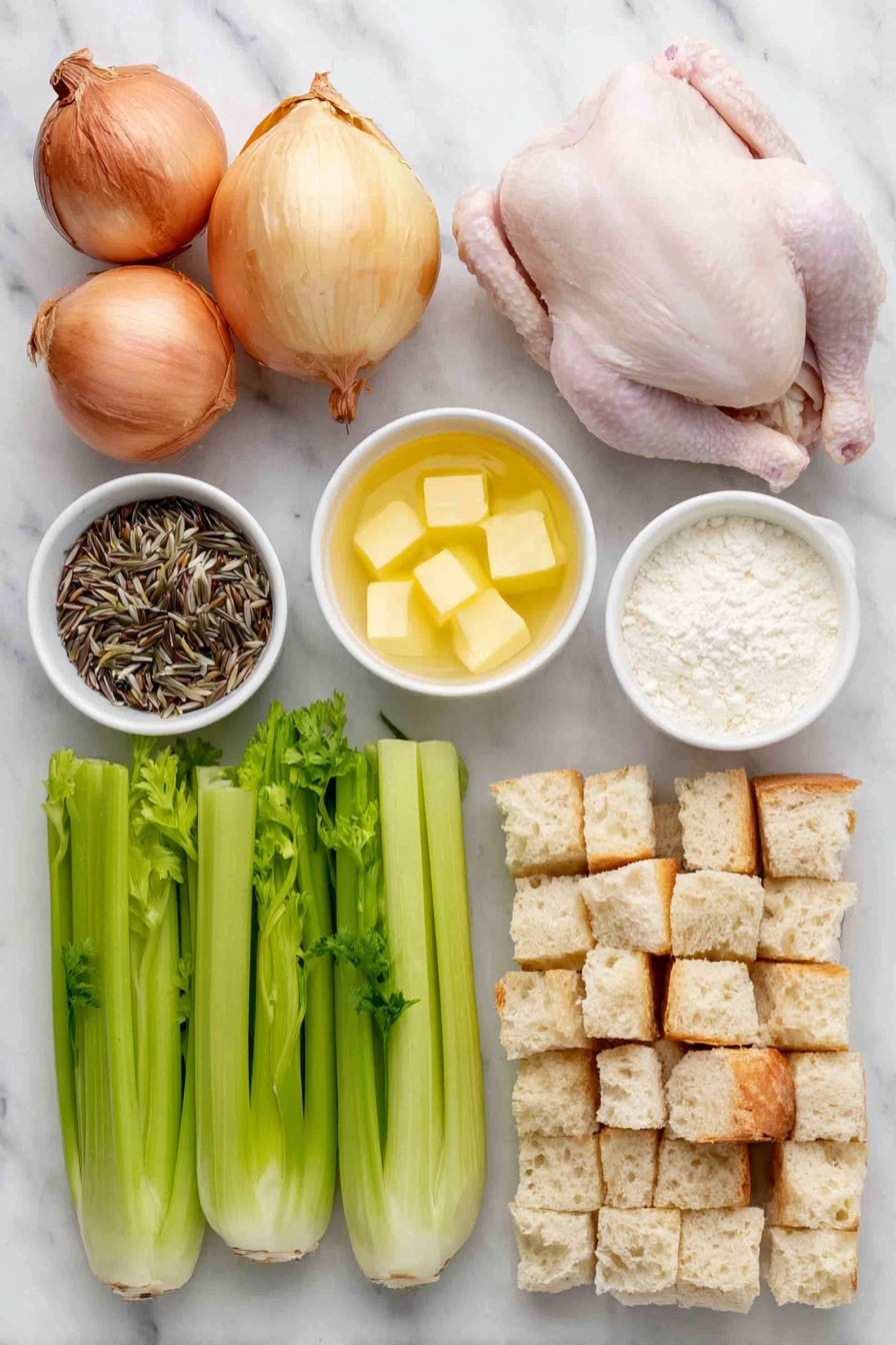 Flat lay of a whole yellow onion with papery skin, five whole fresh orange carrots with green tops trimmed, five bright green celery stalks with leafy ends, a small mound of uncooked wild rice grains, a whole raw chicken breast with smooth pale pink skin, a small white ceramic bowl filled with golden butter chunks, a small white ceramic bowl of fine white flour, a small white ceramic bowl of creamy whole milk, a small white ceramic bowl of light golden chicken broth, and a neat pile of rustic cubed bread pieces with crusty edges arranged symmetrically, all placed on a clean white marble surface, soft natural light, photo taken with an iPhone, professional food photography style, fresh ingredients, white ceramic bowls, no bottles, no duplicates, no utensils, no packaging --ar 2:3 --v 7 --p m7354615311229779997 - Creamy Chicken Wild Rice Casserole, hearty chicken rice bake, easy comfort food recipes, wholesome casserole dinner, one-dish chicken rice casserole