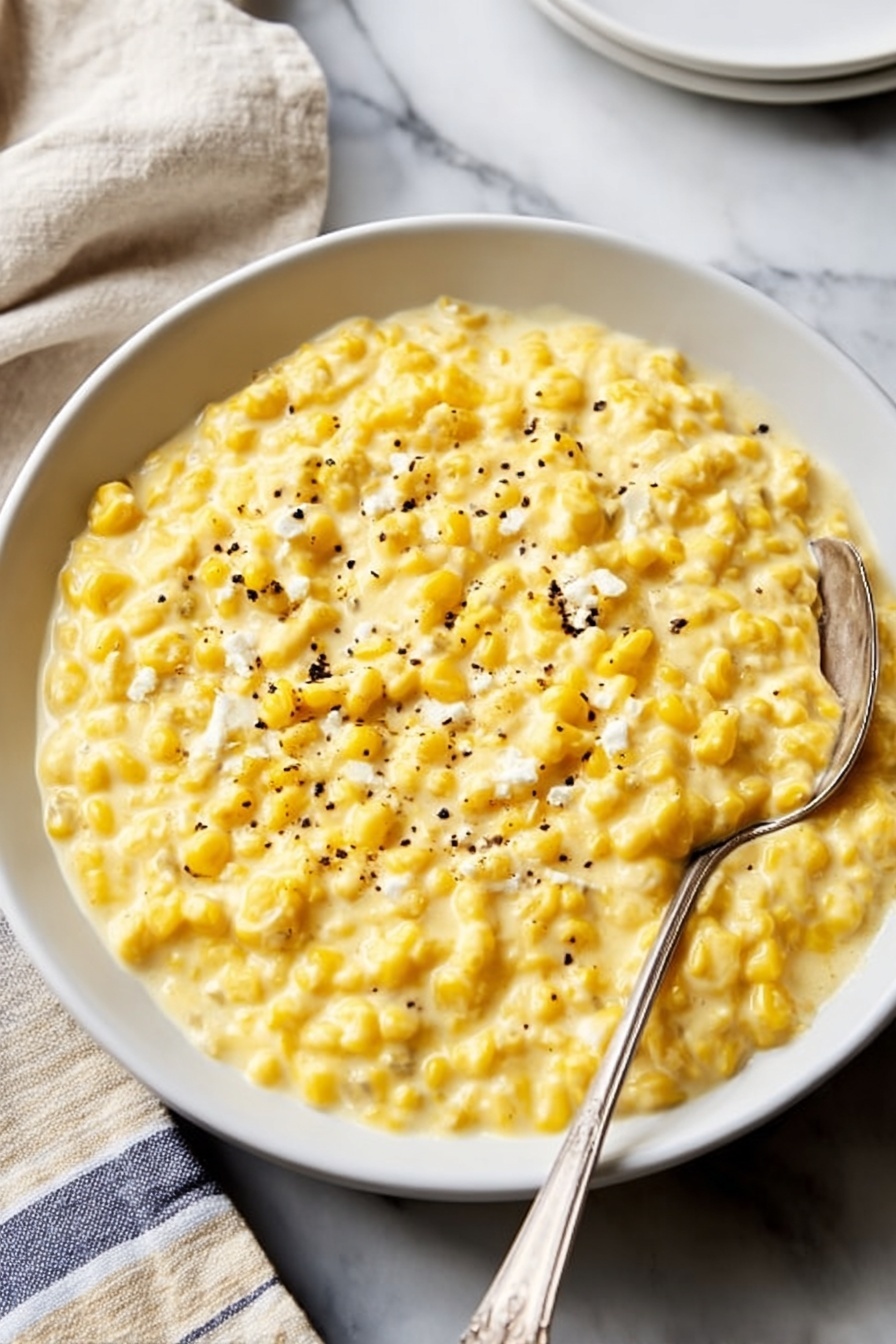 A white bowl filled with creamy yellow corn with small pieces of white cheese mixed in, creating a soft, thick texture. The surface is sprinkled with small black pepper flakes, adding contrast to the smooth creamy mixture. A vintage silver spoon rests inside the bowl, angled from the top right towards the center. The bowl sits on a white marbled surface, with a folded beige and blue striped cloth partially visible at the top left corner. Photo taken with an iphone --ar 2:3 --v 7 - Creamed Corn with Parmesan, creamy corn side dish, cheesy corn recipe, Parmesan corn recipe, easy savory corn dish