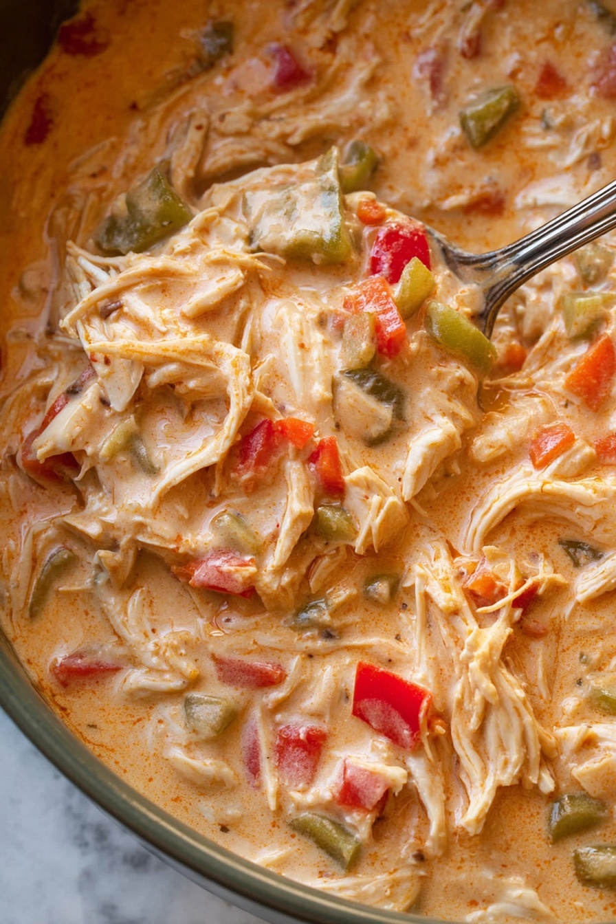 The image shows a close-up of a creamy dish with shredded white meat mixed with small chunks of red, orange, and green vegetables like bell peppers and celery, all covered in a thick light orange sauce with a smooth texture. The creamy mixture fills most of the frame, with a metal spoon partially visible scooping some of the mixture from the edge. The background is a white marbled texture. photo taken with an iphone --ar 2:3 --v 7 - Creamy Cajun Chicken Soup, Cajun Chicken Soup, Creamy Chicken Soup, Spicy Chicken Soup, Comforting Cajun Soup