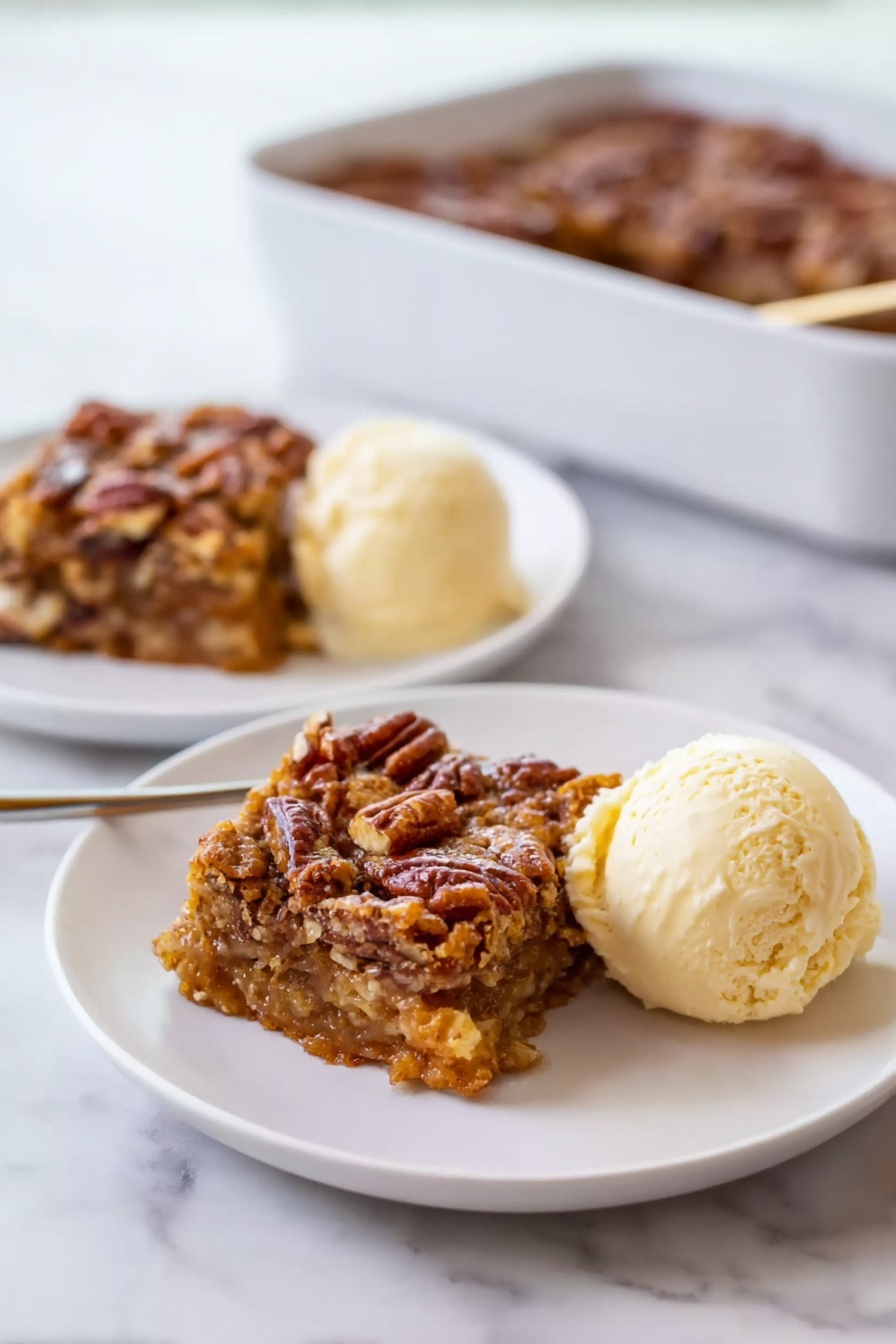 The image shows two servings of a dessert on white plates set on a white marbled surface. Each serving has two main layers: a square piece of pecan dessert with a crumbly, nutty texture and a rich brown color on top, and a scoop of creamy pale yellow ice cream beside it. In the background, there is a white baking dish with more pecan dessert inside, slightly blurred. The overall look is warm and inviting, showing contrast between the rough texture of the dessert and the smooth ice cream. Photo taken with an iphone --ar 2:3 --v 7 - Pumpkin Dump Cake with Pecans, easy fall dessert, pumpkin pecan cake, no bake pumpkin dessert, autumn pumpkin cake