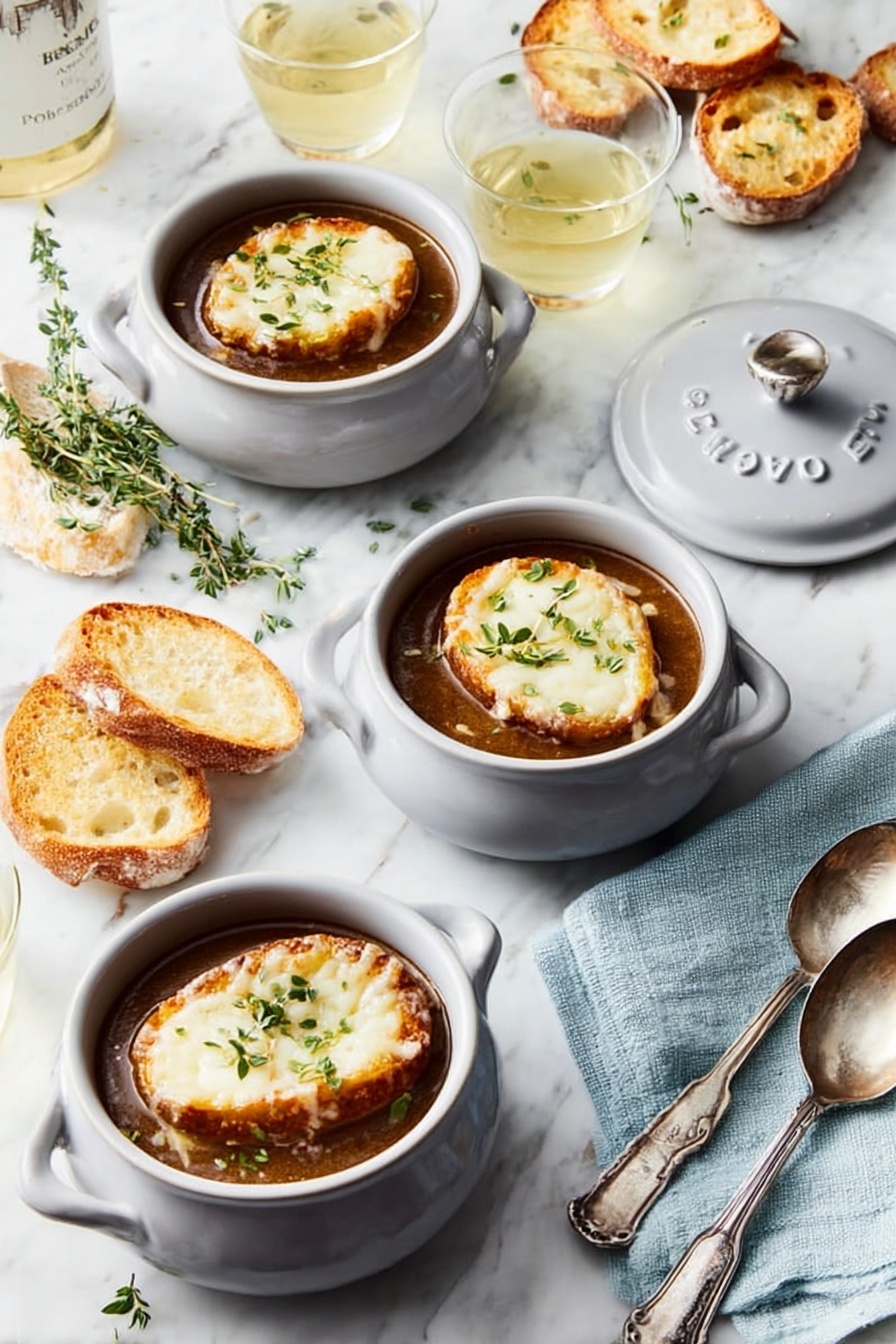 The image shows three white small round ceramic pots filled with a thick brown soup, each topped with a round toasted slice of bread covered by melted cheese and garnished with green herb sprigs. The pots are placed on a white marbled surface with two pot lids nearby, one opened and one closed. Around the pots, there are several slices of toasted bread, two clear glasses filled with a light yellow drink, two silver spoons, and a light blue cloth napkin. The scene is bright and clean, with a casual yet elegant feel. Photo taken with an iphone --ar 2:3 --v 7 - French Onion Soup with Baguette Topping, classic French onion soup, cheesy baguette topping, caramelized onion soup, hearty French onion soup