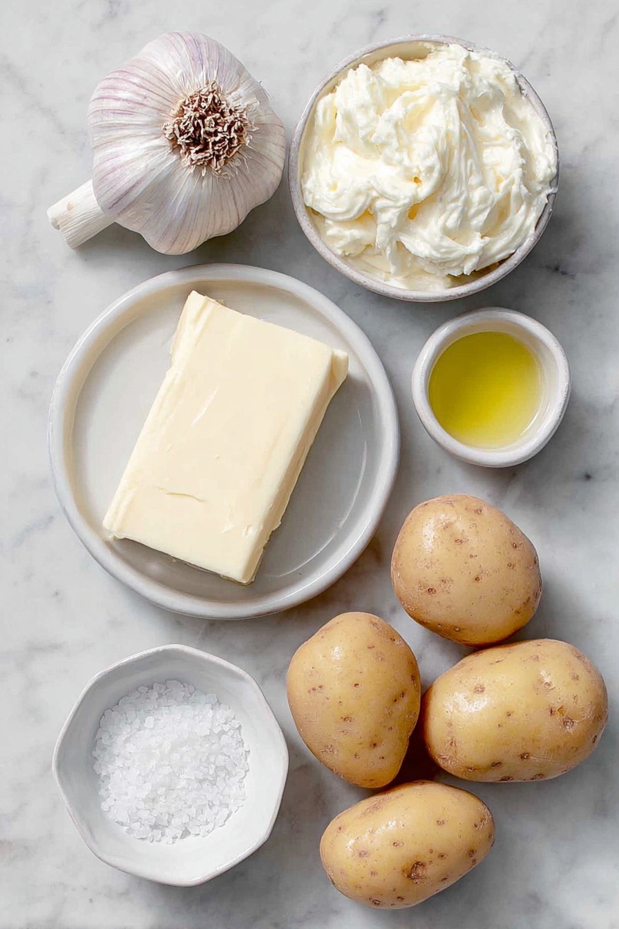 Flat lay of a whole unpeeled head of garlic with exposed cloves, a few golden Yukon Gold potatoes whole and uncut, a small white ceramic bowl of rich golden butter, a small white ceramic bowl of smooth heavy cream, a small white ceramic bowl with a drizzle of extra virgin olive oil, and a small white ceramic bowl of coarse sea salt, all arranged symmetrically on a clean white marble surface, soft natural light, photo taken with an iPhone, professional food photography style, fresh ingredients, white ceramic bowls, no bottles, no duplicates, no utensils, no packaging --ar 2:3 --v 7 --p m7354615311229779997 - Garlic Mashed Potatoes, creamy garlic mashed potatoes, roasted garlic mashed potatoes, indulgent mashed potatoes, comforting garlic mashed potatoes