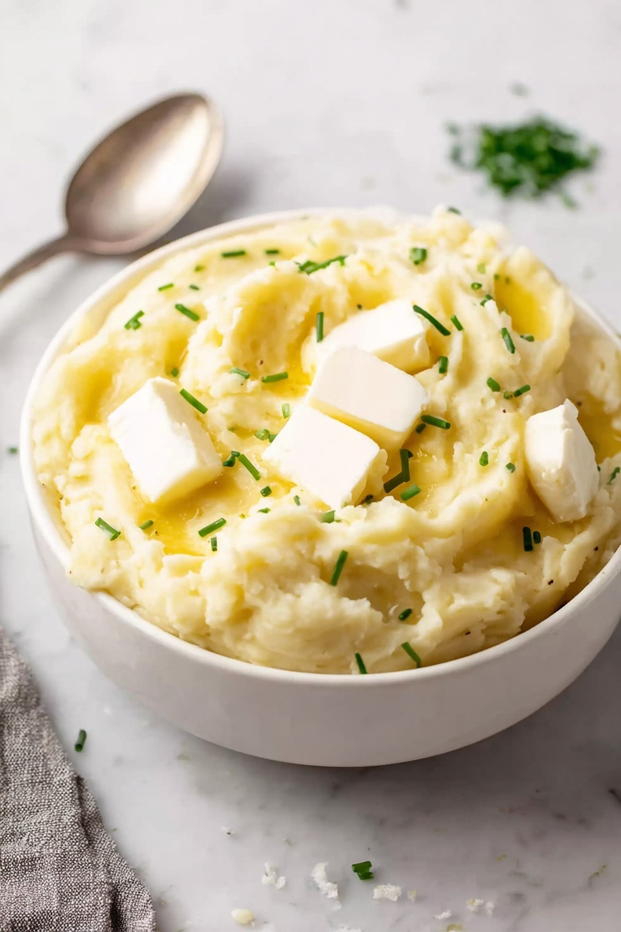 A white bowl filled with creamy mashed potatoes that have a light yellow color, topped with a small melting piece of butter in the center. Bright green chopped chives are sprinkled on top, and some black pepper dots are scattered across the surface. A silver spoon rests inside the bowl on the right side. The bowl is placed on a white marbled surface with some garlic cloves and a white cloth nearby. photo taken with an iphone --ar 2:3 --v 7 - Garlic Mashed Potatoes, creamy garlic mashed potatoes, roasted garlic mashed potatoes, indulgent mashed potatoes, comforting garlic mashed potatoes