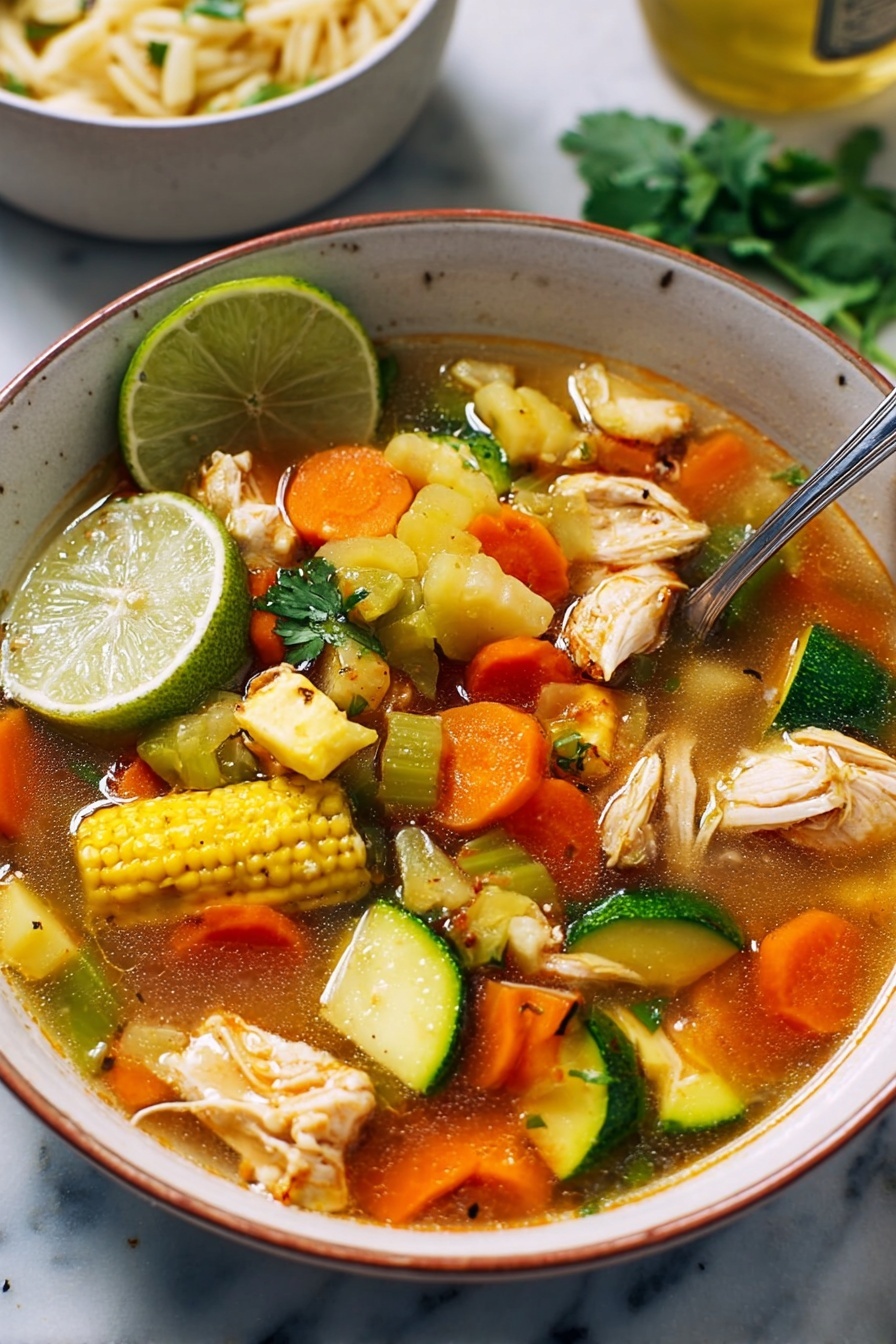 The image shows two white bowls filled with chicken soup placed on a white marbled surface. Each bowl has a rich broth with visible chunks of shredded chicken, bright orange carrot slices, green zucchini pieces, and a small yellow corn cob segment floating on top. On one bowl, a lime wedge is placed on the edge, garnished with sprigs of fresh parsley. A metal spoon rests inside the other bowl. To the left side on the surface, there is a small white bowl filled with reddish-orange rice and a whole lime halved beside it. A bottle of hot sauce with a red cap and colorful label sits nearby, along with additional lime wedges and parsley stems scattered around. photo taken with an iphone --ar 2:3 --v 7 - Caldo de Pollo Chicken Soup, Mexican chicken soup recipes, comforting chicken soup, homemade chicken broth soup, traditional chicken soup