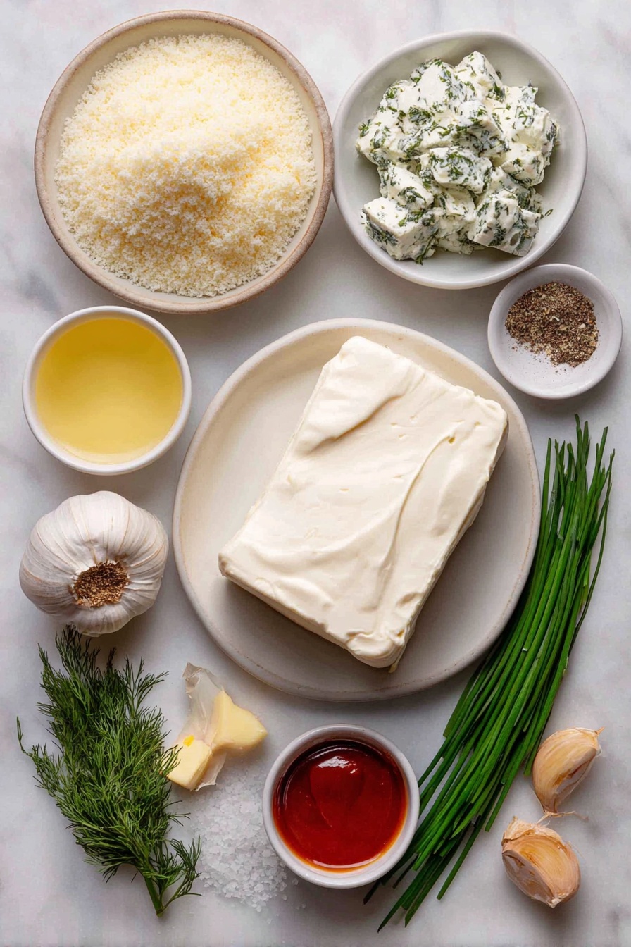 Flat lay of panko bread crumbs in a small white ceramic bowl, a pat of natural butter, a mound of smooth sour cream on a white plate, a piece of softened cream cheese on a simple white dish, ranch seasoning herbs sprinkled loosely on white ceramic, a small white bowl with pale yellow lemon juice, a small white bowl with clear dill pickle juice, chopped dill pickles arranged neatly on a white plate, two whole garlic cloves with papery skin intact, fresh green chives and dill sprigs on a white rectangular dish, salt and pepper grains scattered artistically in tiny piles on the white surface, a few drops of bright red hot sauce in a small white ceramic bowl placed symmetrically, placed on a clean white marble surface, soft natural light, photo taken with an iPhone, professional food photography style, fresh ingredients, white ceramic bowls, no bottles, no duplicates, no utensils, no packaging --ar 2:3 --v 7 --p m7354615311229779997 - Creamy Dill Pickle Dip, dill pickle dip, tangy pickle dip, easy dill dip, savory pickle appetizer