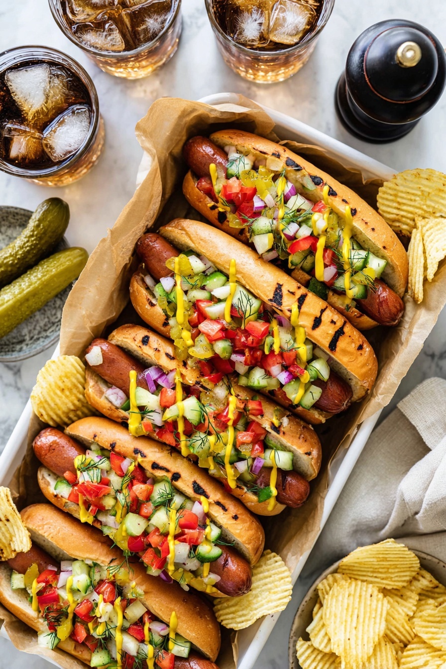 Several grilled hot dogs are arranged in a white tray lined with brown paper. Each hot dog is placed in a light golden toasted bun with grill marks visible on the sides. The hot dogs are topped with colorful diced vegetables including red, green, and yellow bell peppers, cucumber, and red onions. Mustard is drizzled lightly on most of the hot dogs. The tray also contains some ridged potato chips scattered around the hot dogs. On the white marbled surface next to the tray, two whole pickles and a glass of cola with ice cubes are visible, along with a dark pepper grinder and a beige cloth napkin. Photo taken with an iphone --ar 2:3 --v 7 - Pickle de Gallo, Pickle de Gallo ingredients, easy Pickle de Gallo, tangy salsa alternative, quick pickle sauce
