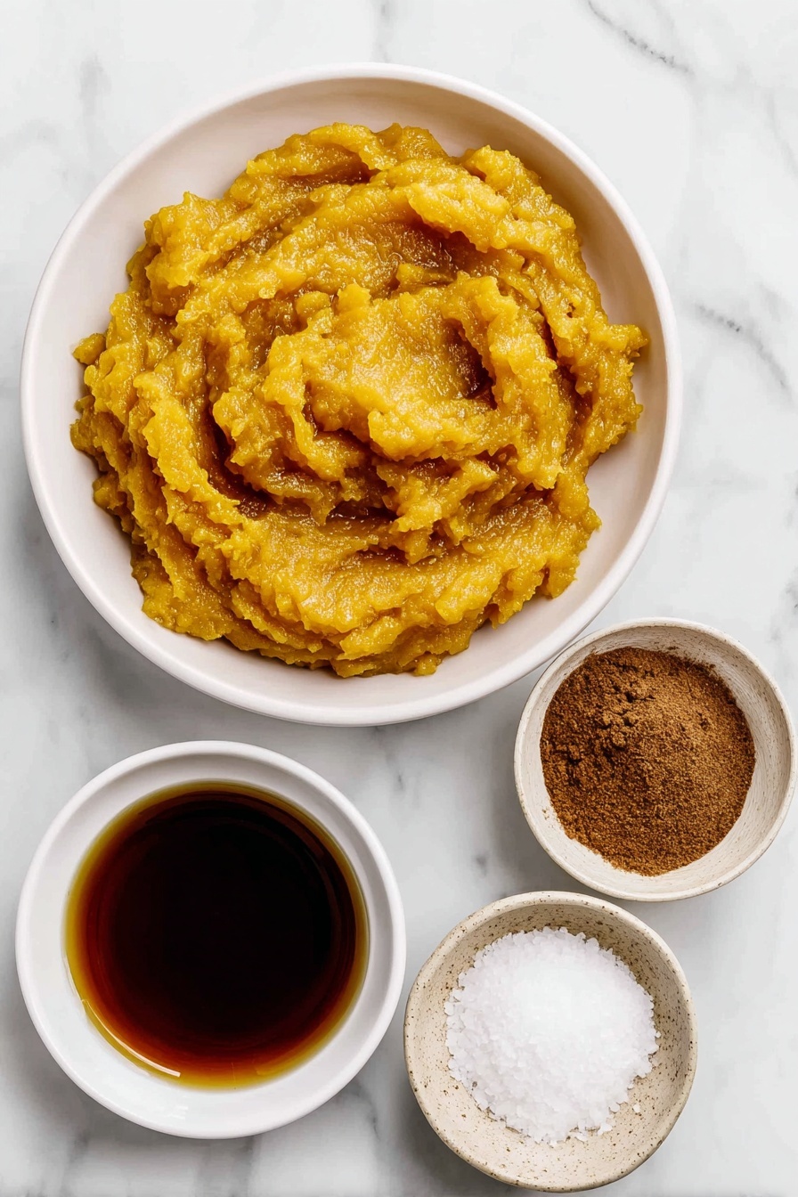 Flat lay of two small white ceramic bowls, one filled with bright orange pumpkin puree, the other containing amber maple syrup, a small white bowl of golden apple cider, a small white bowl holding a dark brown cinnamon powder, a small white bowl with warm brown pumpkin pie spice, and a small white bowl with coarse kosher salt, all arranged in perfect symmetry on a clean white marble surface, soft natural light, photo taken with an iPhone, professional food photography style, fresh ingredients, white ceramic bowls, no bottles, no duplicates, no utensils, no packaging --ar 2:3 --v 7 --p m7354615311229779997 - Spiced Pumpkin Butter, Pumpkin Butter Spread, Fall Pumpkin Spread, Homemade Pumpkin Spreads, Cozy Pumpkin Breakfast