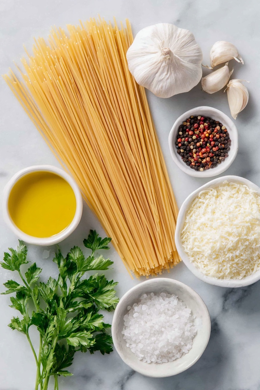 Flat lay of a small pile of uncooked spaghetti strands neatly arranged, a whole bulb of garlic with some cloves peeled and thinly sliced, a few whole black peppercorns and some crushed red pepper flakes scattered gently, a small white bowl filled with golden olive oil, a small white bowl with finely grated Parmesan cheese, a few fresh sprigs of vibrant Italian parsley, a small white bowl containing freshly squeezed lemon juice, a small white bowl with clear pasta water, and a small pile of coarse sea salt crystals all placed symmetrically on a clean white marble surface, soft natural light, photo taken with an iPhone, professional food photography style, fresh ingredients, white ceramic bowls, no bottles, no duplicates, no utensils, no packaging --ar 2:3 --v 7 --p m7354615311229779997 - Garlic Olive Oil Spaghetti, easy garlic pasta, simple Italian pasta, quick spaghetti dinner, flavorful garlic olive oil pasta