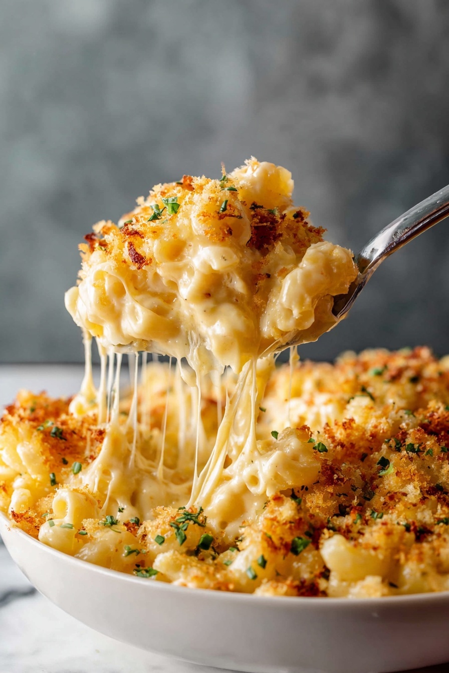 The image shows a close-up of a white bowl filled with creamy mac and cheese, lifted by a metal spoon. The dish has three visible layers: a bottom layer of soft pasta coated in a smooth, light yellow cheese sauce, a middle layer with gooey melted cheese stretching as the spoon lifts a portion, and a top layer of golden, crispy breadcrumbs sprinkled with small green herb pieces. The cheese sauce looks thick and creamy, with a shiny texture, and the breadcrumbs appear crunchy with browned spots. The bowl sits on a white marbled surface with a blurred neutral gray background. Photo taken with an iphone --ar 2:3 --v 7 - Lobster Mac and Cheese, decadent lobster pasta, creamy cheese pasta with lobster, gourmet seafood mac and cheese, easy lobster mac recipe