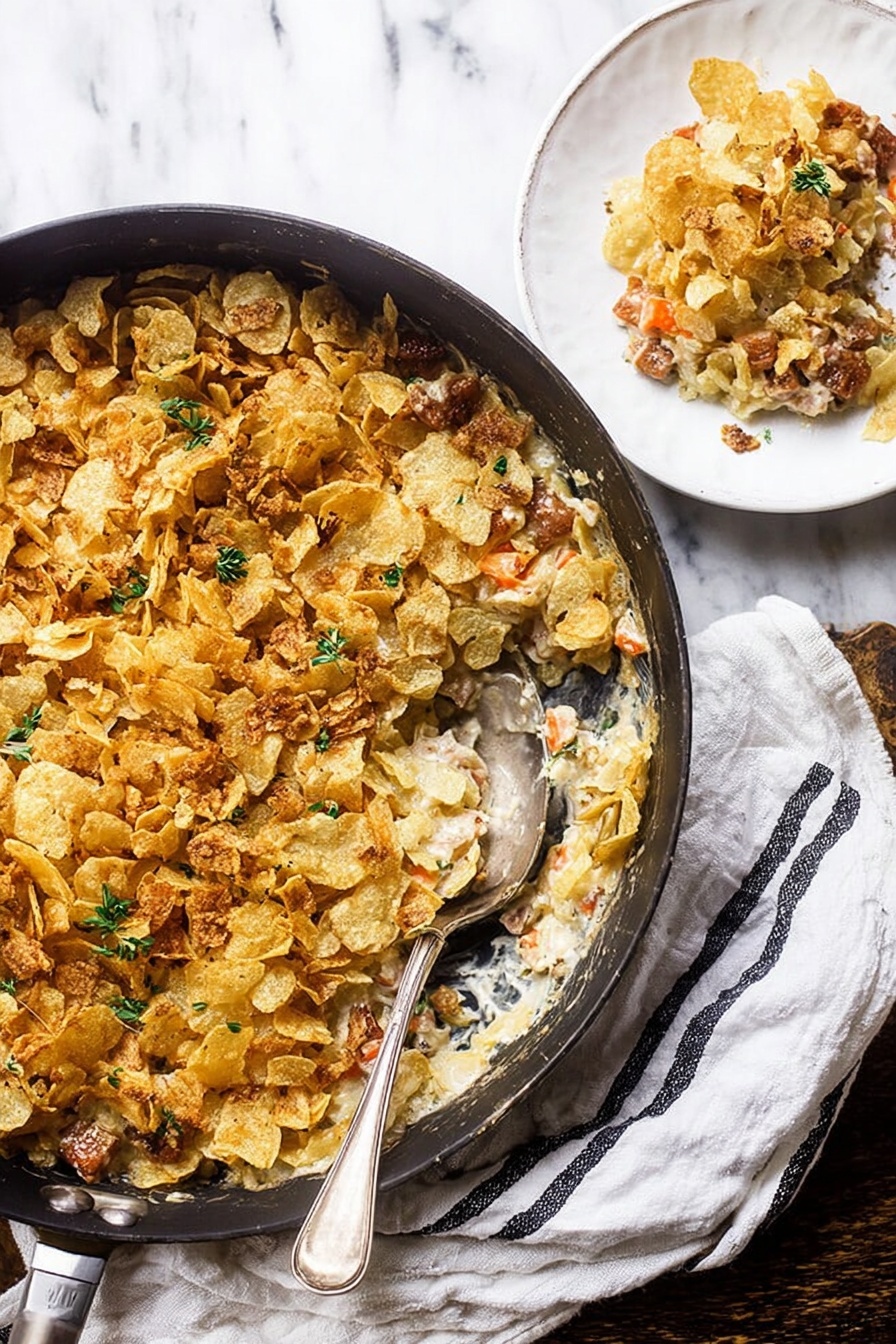 A black round pan filled with a layered dish that has a top layer made of crunched golden-yellow potato chips scattered unevenly, with small green herb sprigs spread on top. Underneath the chips, there are pieces of browned meat and soft cooked vegetables like light orange carrots, creating a mixed texture of crispy and soft elements. A large silver spoon rests inside the pan, showing some of the filling. Next to the pan on a white marbled surface, there is a clear glass with light-colored liquid. photo taken with an iphone --ar 2:3 --v 7 - Homemade Chicken Noodle Casserole, comforting chicken noodle casserole, easy chicken casserole recipe, creamy chicken bake, family favorite casserole