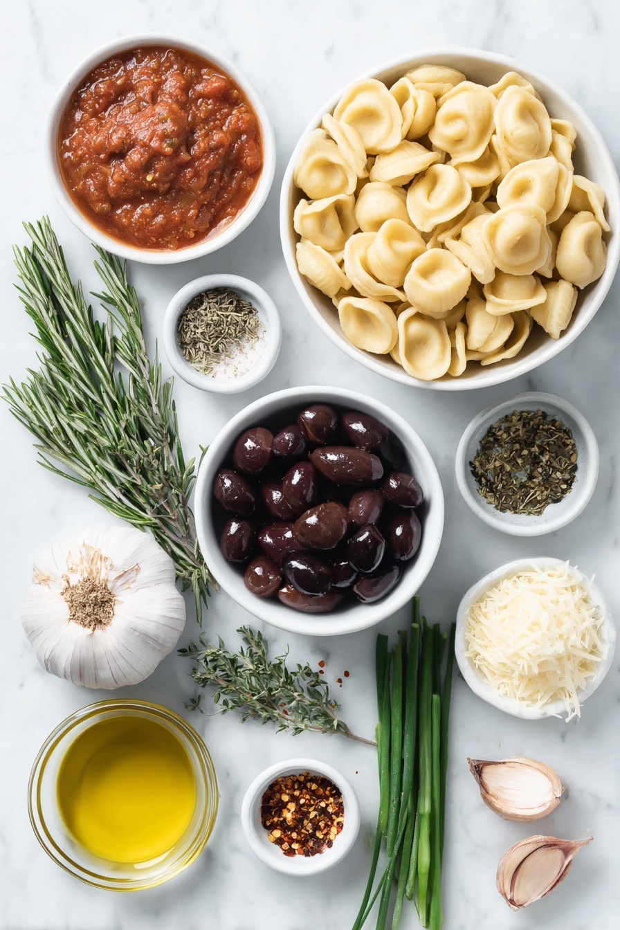 Flat lay of fresh uncooked orecchiette pasta, a small white ceramic bowl of rinsed chickpeas, a small white ceramic bowl of pitted Kalamata olives, a small white ceramic bowl with vibrant red tomato paste, two whole garlic cloves with skins, two fresh rosemary sprigs, a small white ceramic bowl with red pepper flakes, a small white ceramic bowl of coarse kosher salt, a small white ceramic bowl of cracked black pepper, a small white ceramic bowl of golden olive oil, a small white ceramic bowl of grated Parmesan cheese, a small handful of fresh baby arugula leaves, a small white ceramic bowl of halved cherry tomatoes, and a few fresh chive stalks arranged with perfect symmetry, all placed on a clean white marble surface, soft natural light, photo taken with an iPhone, professional food photography style, fresh ingredients, white ceramic bowls, no bottles, no duplicates, no utensils, no packaging --ar 2:3 --v 7 --p m7354615311229779997 - One Pan Orecchiette with Chickpeas and Tomatoes, easy Italian pasta dinner, healthy chickpea pasta recipe, quick veggie pasta skillet, hearty one pot pasta dish