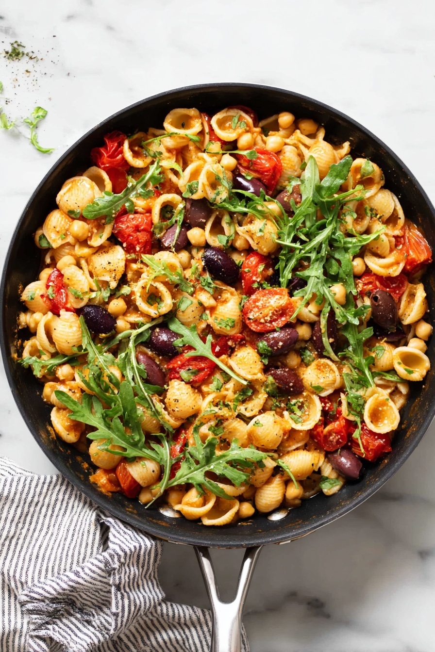 A black pan filled with a colorful pasta dish, showing around three layers: the base layer is small shell pasta in a light orange sauce, mixed with dark purple olives scattered around; the middle layer has bright red halved cherry tomatoes and pale yellow chickpeas spread evenly; the top layer features fresh green arugula leaves scattered loosely over the dish, with a light sprinkle of herbs or seasoning on top, all set on a white marbled surface with a striped cloth nearby photo taken with an iphone --ar 2:3 --v 7 - One Pan Orecchiette with Chickpeas and Tomatoes, easy Italian pasta dinner, healthy chickpea pasta recipe, quick veggie pasta skillet, hearty one pot pasta dish