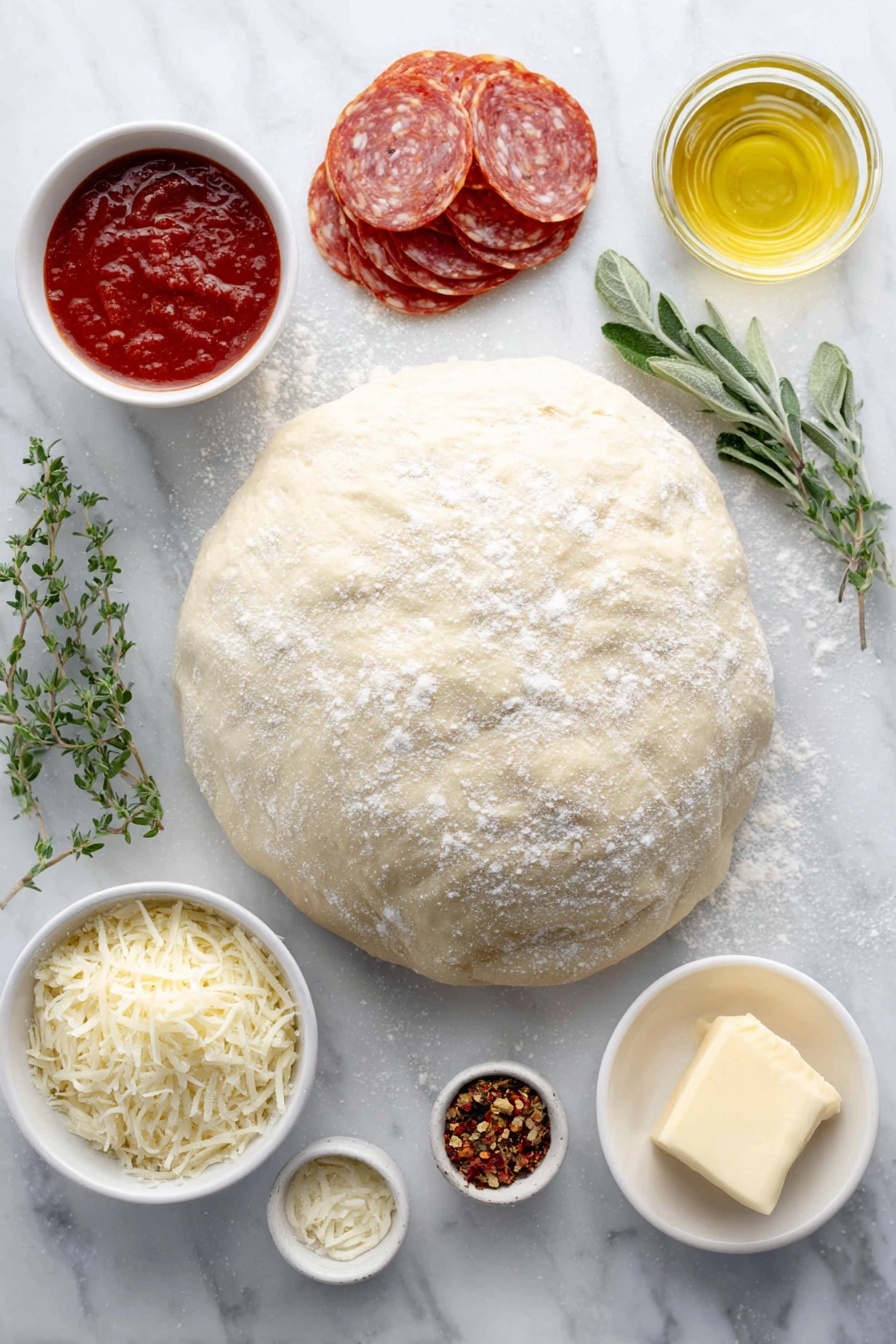 Flat lay of fresh round ball of pizza dough dusted lightly with flour, a small white ceramic bowl of rich red tomato sauce, a small white bowl with golden olive oil, a neat stack of thin round pepperoni slices, a small white bowl filled with grated mozzarella cheese, a few sprigs of fresh green oregano, a small white bowl containing soft golden honey, a small white bowl with pale softened butter, a small white bowl of coarse ground black pepper, a small white bowl with red pepper flakes, placed on a clean white marble surface, soft natural light, photo taken with an iPhone, professional food photography style, fresh ingredients, white ceramic bowls, no bottles, no duplicates, no utensils, no packaging --ar 2:3 --v 7 --p m7354615311229779997 - Homemade Pepperoni Pizza, easy pepperoni pizza recipe, homemade pizza dough with pepperoni, quick pepperoni pizza at home, cheesy pepperoni pizza