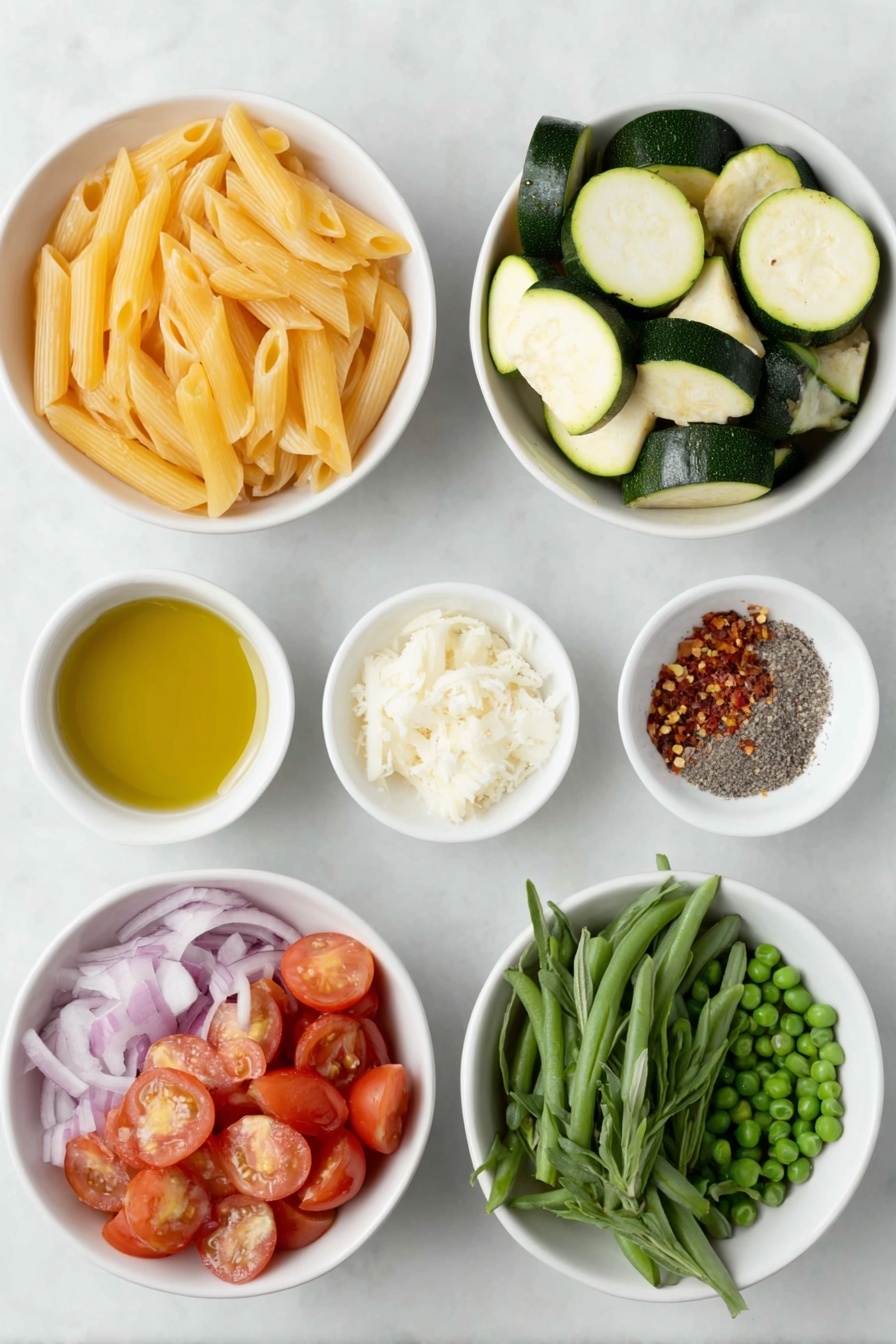 Flat lay of penne pasta arranged neatly, a small white bowl of extra-virgin olive oil, four whole uncracked garlic cloves, a few thin half-moons of yellow squash, thin half-moons of zucchini, chopped asparagus pieces about one inch long, a small white bowl filled with halved cherry tomatoes, thinly sliced red onion neatly fanned out, a small white bowl of sea salt, a small white bowl of thawed green peas, a small white bowl with grated pecorino cheese, a small white bowl of fresh lemon juice, a small white bowl with red pepper flakes, a small pile of fresh basil leaves, a small bunch of fresh tarragon sprigs, and a few grinds of freshly ground black pepper all arranged symmetrically on simple white ceramic dishes placed on a clean white marble surface, soft natural light, photo taken with an iPhone, professional food photography style, fresh ingredients, white ceramic bowls, no bottles, no duplicates, no utensils, no packaging --ar 2:3 --v 7 --p m7354615311229779997 - Easy Pasta Primavera with Fresh Vegetables, healthy vegetable pasta, quick primavera pasta, colorful vegetable pasta dish, spring veggie pasta dinner