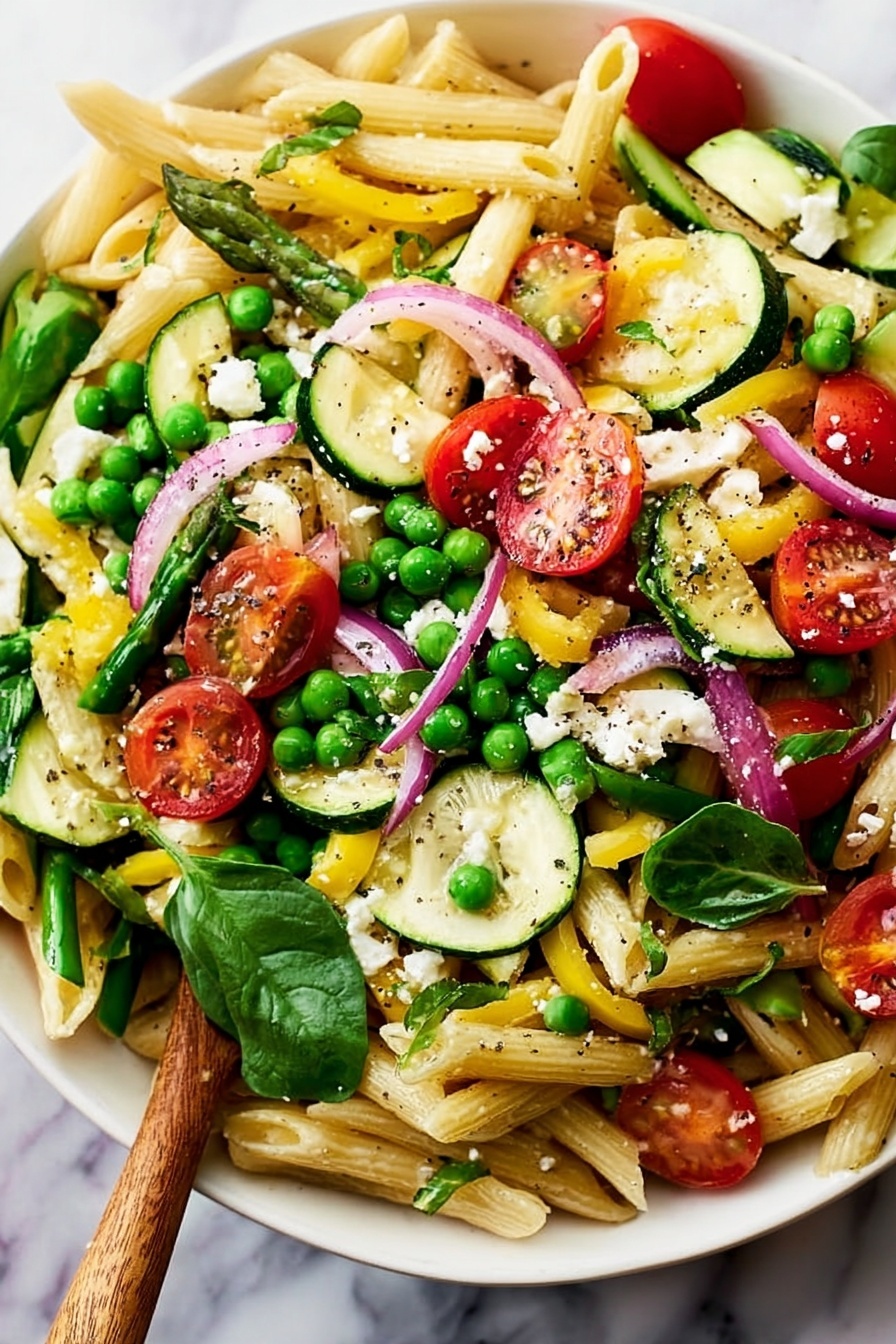 The image shows a white bowl filled with a colorful pasta salad. The salad has three main layers: the bottom layer with white penne pasta, the middle layer with bright green peas, asparagus, and fresh spinach leaves, and the top layer with halved red cherry tomatoes, thin slices of red onion, and yellow zucchini pieces. Small bits of white cheese and cracked black pepper are sprinkled on top. A wooden spoon is partly visible on the left side of the bowl, resting on the pasta. The bowl is placed on a white marbled surface. Photo taken with an iphone --ar 2:3 --v 7 - Easy Pasta Primavera with Fresh Vegetables, healthy vegetable pasta, quick primavera pasta, colorful vegetable pasta dish, spring veggie pasta dinner