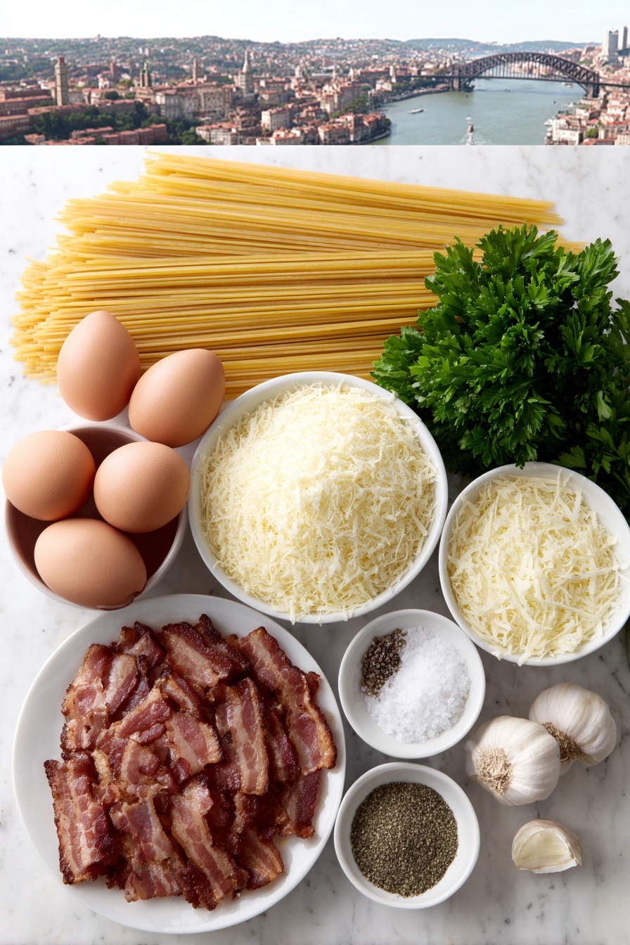 Flat lay of crispy brown bacon pieces, two peeled garlic cloves, a neat nest of raw spaghetti pasta, three whole brown eggs with clean shells, a small white bowl filled with grated Parmesan cheese, a small white bowl with freshly cracked black pepper, a small white bowl of salt crystals, and a small handful of fresh bright green parsley leaves, all arranged symmetrically on simple white ceramic dishes and bowls, placed on a clean white marble surface, soft natural light, photo taken with an iPhone, professional food photography style, fresh ingredients, white ceramic bowls, no bottles, no duplicates, no utensils, no packaging --ar 2:3 --v 7 --p m7354615311229779997 - Easy Spaghetti Carbonara, quick Italian pasta, creamy carbonara without cream, simple pasta recipes, authentic spaghetti carbonara