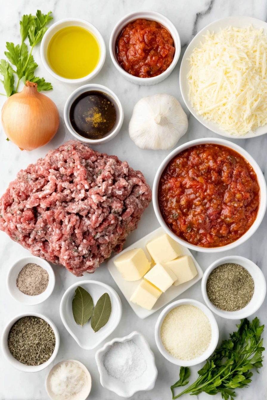 Flat lay of a small white ceramic bowl of golden olive oil, a whole uncracked brown onion, a medium peeled orange carrot diced finely, a single fresh celery stick diced finely, two whole uncracked garlic cloves, a mound of fresh ground beef, a small white ceramic bowl filled with crushed bright red tomatoes, a small white ceramic bowl of deep red tomato paste, a small white ceramic bowl of dark red Pinot Noir wine, three crumbled brown beef bouillon cubes, two fresh green bay leaves, a small white ceramic bowl holding dried thyme and oregano, a small white ceramic bowl with dark brown Worcestershire sauce, a few granules of white sugar, a small white ceramic bowl with coarse salt and black peppercorns, a chunk of pale yellow butter, a small white ceramic bowl of white flour, a small white ceramic bowl filled with fresh full cream milk, a pile of shredded pale yellow gruyere cheese, a small white ceramic bowl with ground nutmeg, a stack of fresh pale yellow lasagna sheets, a heap of shredded white mozzarella cheese, and a few sprigs of bright green basil and parsley placed on a clean white marble surface, soft natural light, photo taken with an iPhone, professional food photography style, fresh ingredients, white ceramic bowls, no bottles, no duplicates, no utensils, no packaging --ar 2:3 --v 7 --p m7354615311229779997 - Cheesy Beef Lasagna with Rich Meat Ragu, best beef lasagna recipe, homemade cheesy lasagna, hearty meat lasagna, flavorful Italian lasagna