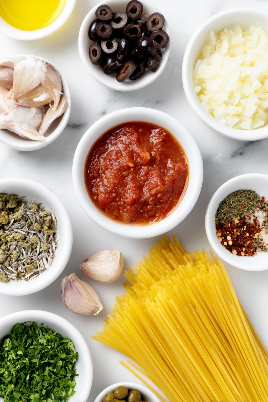 Flat lay of a small white ceramic bowl of extra virgin olive oil, a small white bowl filled with bright red tomato paste, three whole uncracked brown garlic cloves, a small white bowl with finely chopped pale yellow onion, a few silvery chopped anchovy fillets, a small white bowl of rough chopped black and green olives, a small white bowl of small dark green capers, a sprinkle of red pepper flakes in a small white bowl, dried oregano leaves scattered lightly on the white surface, a small white bowl of coarsely chopped fresh green parsley, and a neat bundle of uncooked golden yellow linguine pasta, all arranged in perfect symmetry and balanced proportions, placed on a clean white marble surface, soft natural light, photo taken with an iPhone, professional food photography style, fresh ingredients, white ceramic bowls, no bottles, no duplicates, no utensils, no packaging --ar 2:3 --v 7 --p m7354615311229779997 - Easy Pasta Puttanesca, pasta puttanesca recipe, Italian pasta dishes, quick pasta dinner, savory pasta sauce