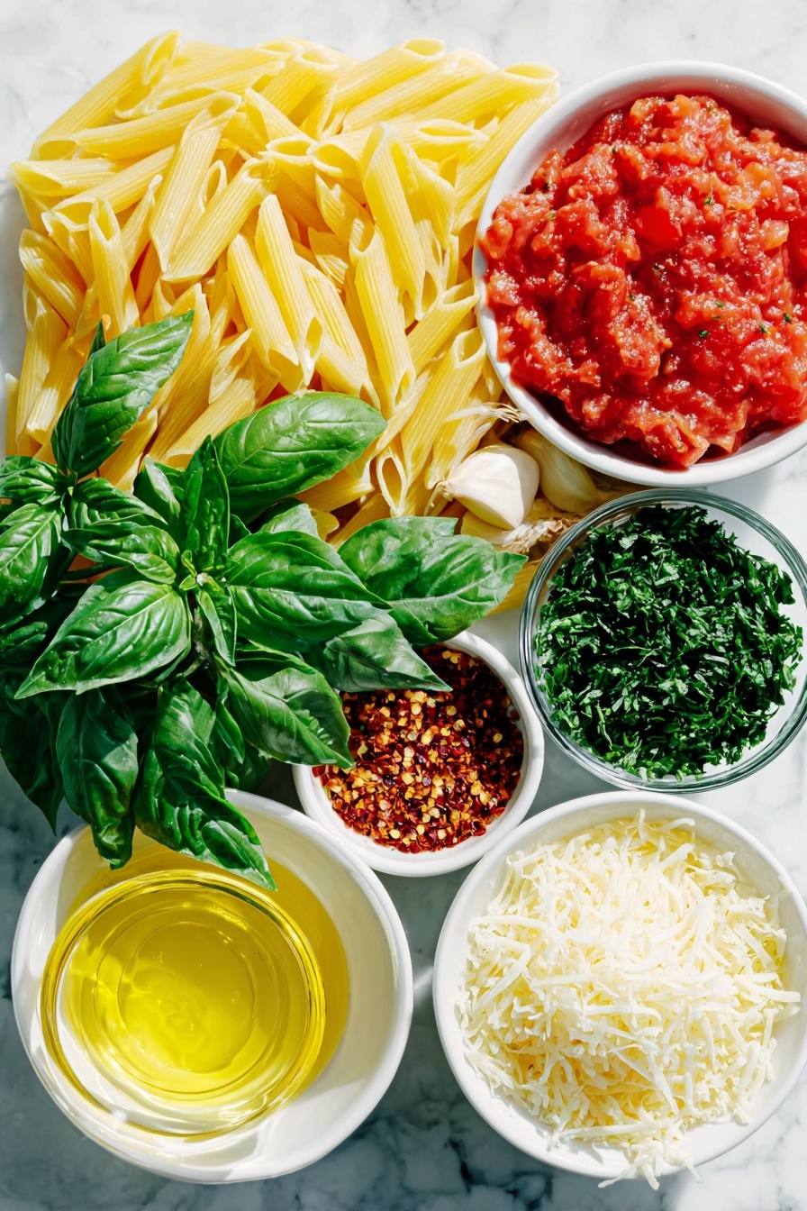 Flat lay of fresh uncooked penne rigate pasta, a small white bowl of golden olive oil, three whole uncracked garlic cloves, a small white bowl with bright red crushed red pepper flakes, a small white bowl filled with fresh chopped vibrant red tomatoes, a small white bowl of deep red tomato paste, six fresh green basil leaves, a small white bowl of finely grated pale yellow parmesan cheese, a small white bowl with freshly chopped bright green parsley leaves, all arranged in perfect symmetry on a clean white ceramic surface placed on a clean white marble surface, soft natural light, photo taken with an iPhone, professional food photography style, fresh ingredients, white ceramic bowls, no bottles, no duplicates, no utensils, no packaging --ar 2:3 --v 7 --p m7354615311229779997 - Spicy Penne Arrabbiata, Penne Arrabbiata sauce, Italian pasta recipes, easy spicy pasta, quick dinner ideas