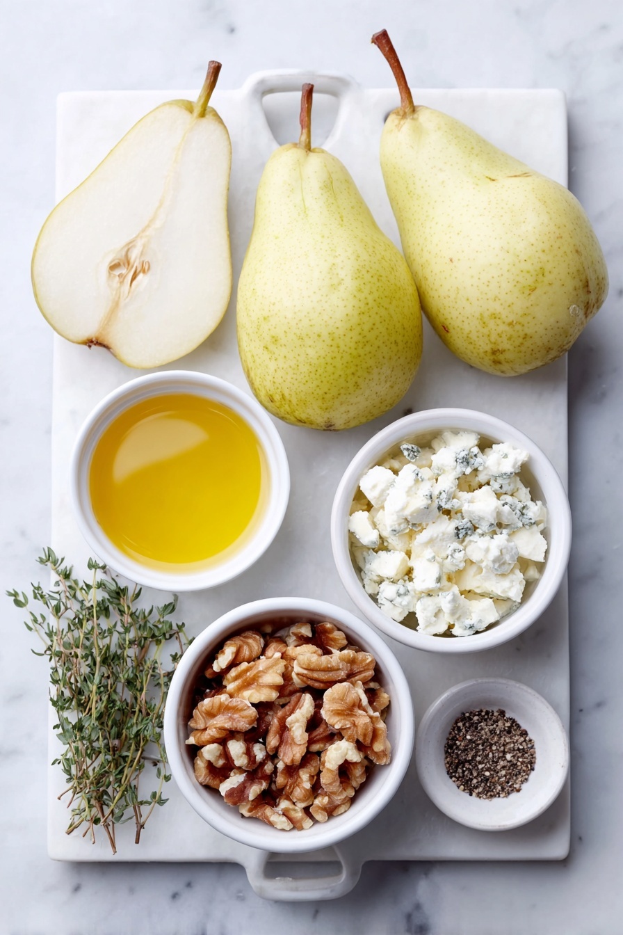 Flat lay of two ripe but firm pears halved lengthwise, a small white bowl of crumbled blue cheese, a small white bowl of chopped walnuts, a few sprigs of fresh thyme leaves, a small white bowl of golden honey, a small white bowl of olive oil, a small pile of freshly ground black pepper placed on a clean white marble surface, soft natural light, photo taken with an iPhone, professional food photography style, fresh ingredients, white ceramic bowls, no bottles, no duplicates, no utensils, no packaging --ar 2:3 --v 7 --p m7354615311229779997 - Blue Cheese Stuffed Pears, pear appetizer with blue cheese, elegant pear appetizer, quick blue cheese pear snack, sophisticated fruit appetizer