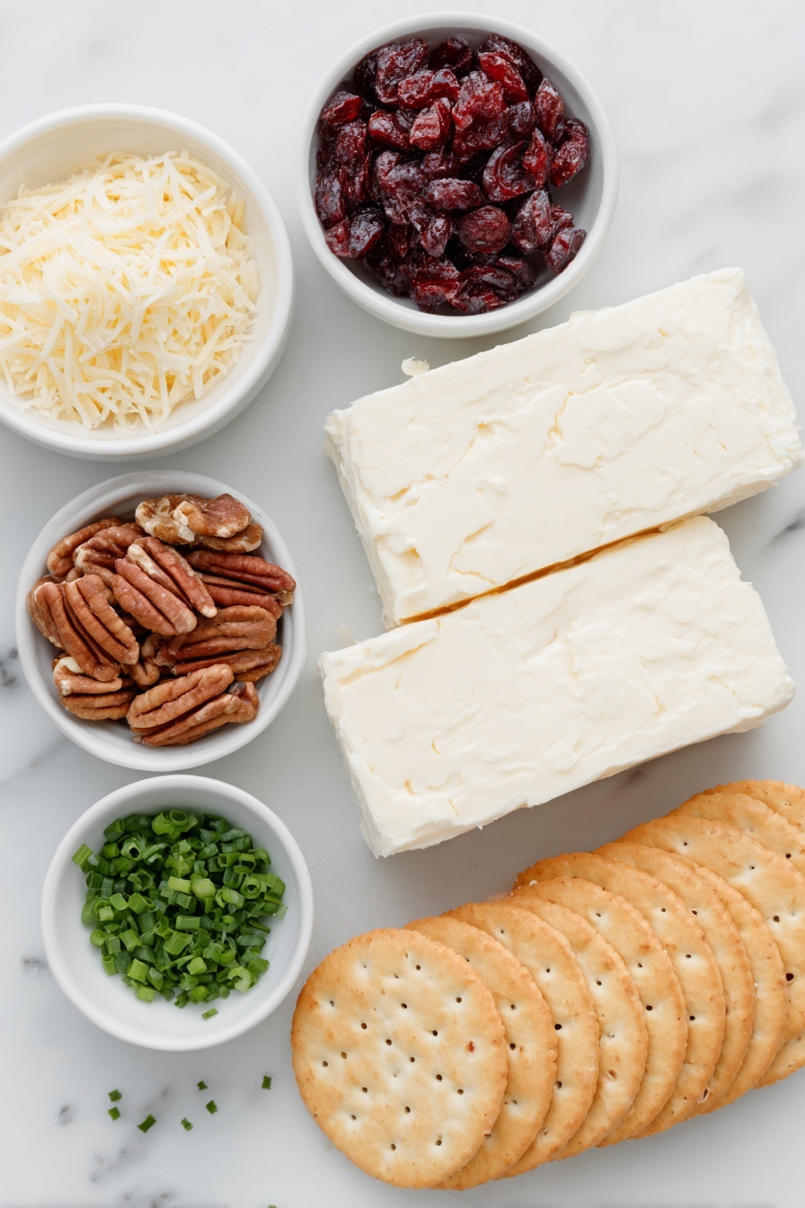 Flat lay of two rectangular blocks of creamy white cream cheese, a small pile of shredded white cheddar cheese, a small white bowl filled with bright red dried cranberries, a small white bowl of whole pecan halves and pieces, a small white bowl containing finely chopped fresh green chives, and a neat stack of golden brown round crackers arranged symmetrically, all placed on a clean white marble surface, soft natural light, photo taken with an iPhone, professional food photography style, fresh ingredients, white ceramic bowls, no bottles, no duplicates, no utensils, no packaging --ar 2:3 --v 7 --p m7354615311229779997 - Cranberry Pecan Cheese Ball, holiday cheese ball, easy appetizer ideas, festive cheese ball recipe, no-bake cheese ball