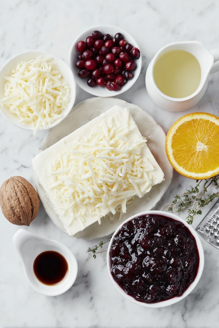 Flat lay of a block of creamy full-fat cream cheese, a small mound of shredded extra-sharp cheddar cheese, a handful of fresh bright red cranberries, a small white ceramic bowl filled with deep red homemade cranberry sauce, a small white bowl holding golden orange fresh squeezed orange juice, a quarter of a vibrant naval orange, a small bowl with fresh lemon juice, a small white bowl with clear water, and a fresh whole nutmeg fruit placed next to a nutmeg grater, all arranged with perfect symmetry on a clean white marble surface, soft natural light, photo taken with an iPhone, professional food photography style, fresh ingredients, white ceramic bowls, no bottles, no duplicates, no utensils, no packaging --ar 2:3 --v 7 --p m7354615311229779997 - Cranberry Cream Cheese Dip, holiday appetizer, festive dip recipe, easy cranberry dip, creamy fruit dip