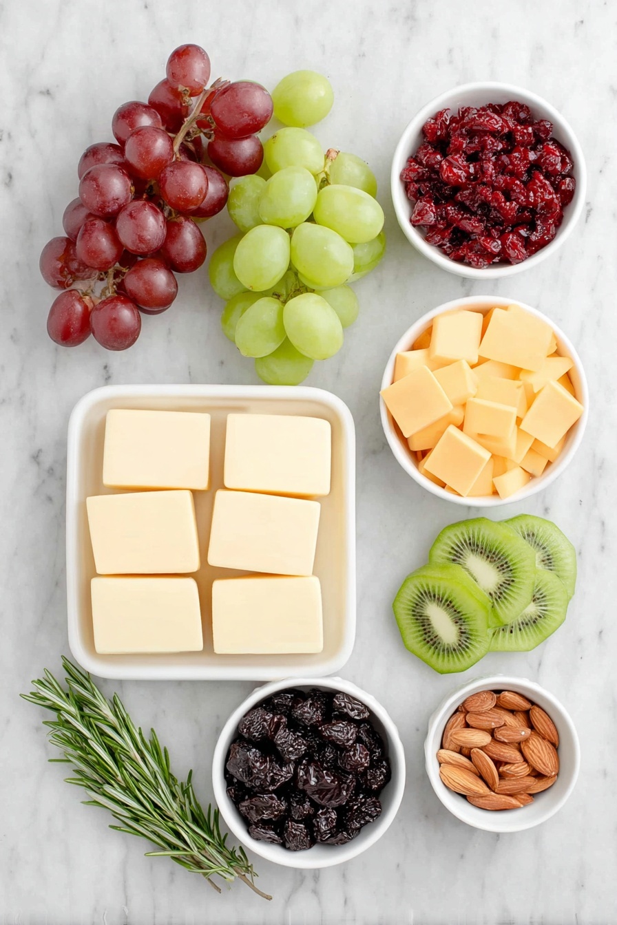 Flat lay of fresh rosemary sprigs arranged in a loose bundle, a whole celery stalk with crisp leaves, small clusters of red seedless grapes, green seedless grapes, and black seedless grapes, sharp cheddar cheese cut into neat squares, Monterey Jack cheese cut into matching squares, mild cheddar cheese cut into matching squares, bright red fresh cranberries in a small white ceramic bowl, thin star fruit slices arranged in a small pile, assorted mixed nuts including almonds in a small white ceramic bowl, and vibrant green kiwi fruit slices neatly fanned out on a simple white ceramic plate, all placed on a clean white marble surface, soft natural light, photo taken with an iPhone, professional food photography style, fresh ingredients, white ceramic bowls, no bottles, no duplicates, no utensils, no packaging --ar 2:3 --v 7 --p m7354615311229779997 - Christmas Tree Charcuterie Board, festive holiday appetizer, Christmas party charcuterie, holiday cheese board, Christmas entertaining ideas