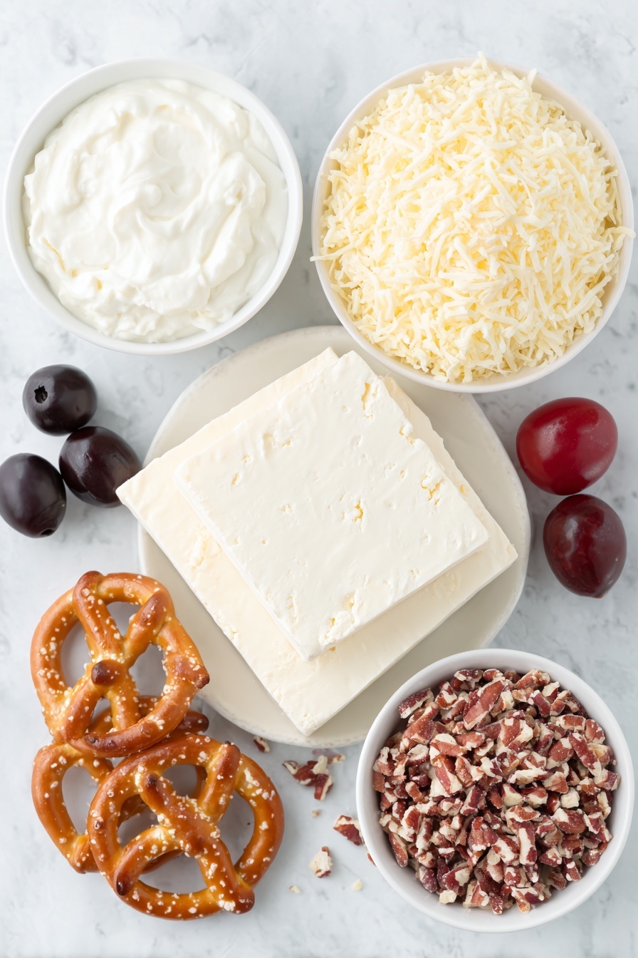 Flat lay of two blocks of cream cheese, a small white bowl with sour cream, a mound of shredded medium cheddar cheese, a small white bowl containing ranch seasoning powder, a pile of roughly chopped pecans, two whole uncracked black olives, one fresh cherry tomato, and two regular-sized pretzels arranged symmetrically on simple white ceramic bowls and plates, placed on a clean white marble surface, soft natural light, photo taken with an iPhone, professional food photography style, fresh ingredients, white ceramic bowls, no bottles, no duplicates, no utensils, no packaging --ar 2:3 --v 7 --p m7354615311229779997 - Reindeer Cheese Ball Recipe, festive cheese ball ideas, holiday appetizer recipes, Christmas party snacks, cute cheese ball decoration