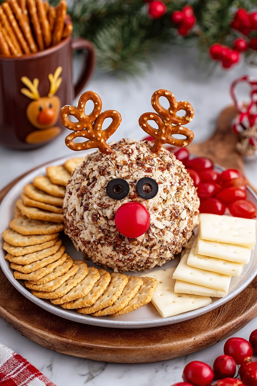 A round ball-shaped cheese covered with chopped nuts sits in the center of a large white plate with a white marbled texture visible at the edges. Two pretzels are stuck into the top back of the cheese ball to look like antlers, both golden brown with salt specks. Two black olives are placed on the front of the cheese ball to form eyes, and a small bright red cherry tomato is placed below the eyes as a nose. The cheese ball is surrounded by a neat circle of two types of crackers: thin round crackers with visible seeds at the front and square crackers at the back. In the blurred background, there is a white bowl filled with black olives and a green Christmas tree decoration with white snowflake patterns. The whole scene has a festive holiday feeling. Photo taken with an iphone --ar 2:3 --v 7 - Reindeer Cheese Ball Recipe, festive cheese ball ideas, holiday appetizer recipes, Christmas party snacks, cute cheese ball decoration