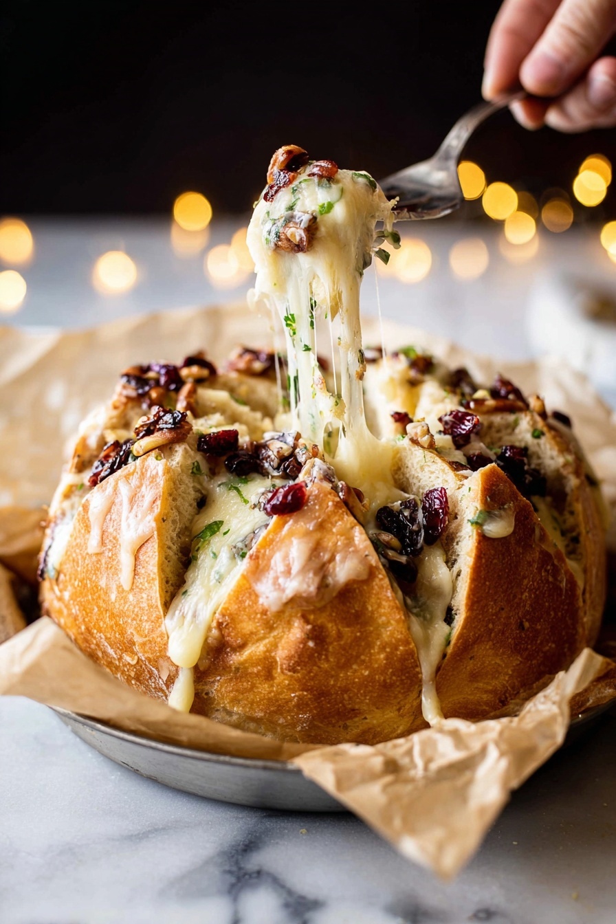 A round bread loaf is placed on crumpled parchment paper in a pan, with the top cut in a star shape showing its soft inside. The bread is golden brown and topped with small pieces of dark red dried fruit and nuts scattered on the surface. Inside the bread, cream-colored melted cheese stretches out as a fork lifts a section, showing gooey layers with small bits of green herbs mixed in. A woman's hand holds the fork from the right side. The background is dark with soft yellow lights, while the whole scene sits on a white marbled surface. photo taken with an iphone --ar 2:3 --v 7 - Cranberry Brie Pull Apart Bread, holiday bread, cheesy cranberry appetizer, easy pull apart bread, festive Brie bread