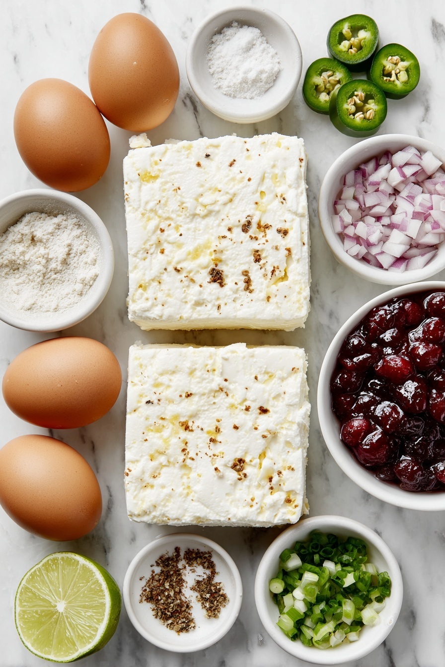 Flat lay of two blocks of fresh creamy white cream cheese, two bright green jalapeños sliced with seeds removed, a small white ceramic bowl of finely diced vibrant red onion, a small white ceramic bowl of fine garlic powder, a whole fresh lime halved showing juicy pulp, a small white ceramic bowl of finely chopped bright green onions, a small white ceramic bowl filled with glossy whole cranberry sauce with plump red berries, and two whole uncracked brown eggs placed symmetrically, all ingredients arranged with perfect balance and symmetry on a clean white marble surface, soft natural light, photo taken with an iPhone, professional food photography style, fresh ingredients, white ceramic bowls, no bottles, no duplicates, no utensils, no packaging --ar 2:3 --v 7 --p m7354615311229779997 - Cranberry Jalapeno Dip, Cranberry Jalapeno Dip Recipe, Spicy Cranberry Dip, Holiday Cranberry Dip, Easy Cranberry Jalapeno Dip
