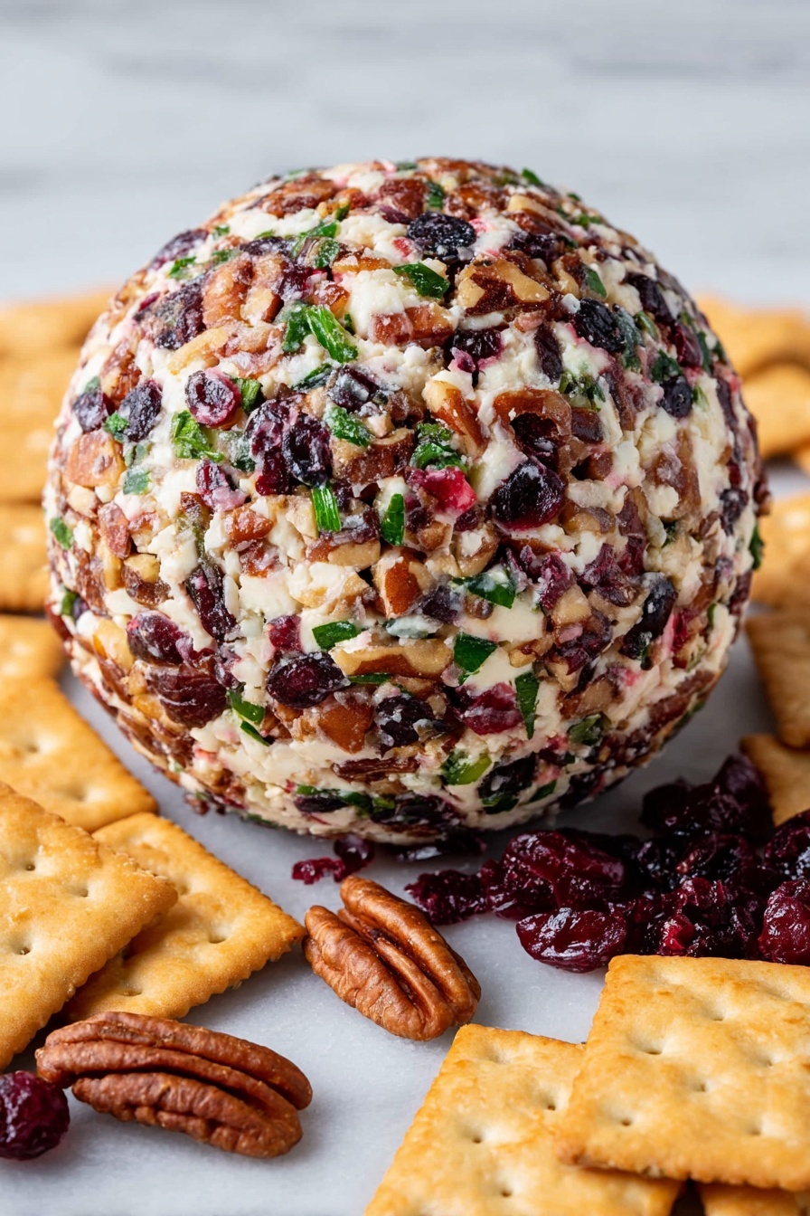 A round cheese ball covered with chopped nuts, dried cranberries, and green herbs, giving it a mix of red, brown, white, and green colors in a textured, chunky outer layer. It sits on a smooth white marbled surface surrounded by square golden crackers and extra pecans and dried cranberries scattered around in front. The cheese ball looks soft inside with colorful bits sticking out all over its surface, creating a rich and inviting look. Photo taken with an iphone --ar 2:3 --v 7 - Cranberry Pecan Cheese Ball, holiday appetizer cheese ball, festive cheese ball recipe, easy cheese ball appetizer, cranberry pecan cheese ball