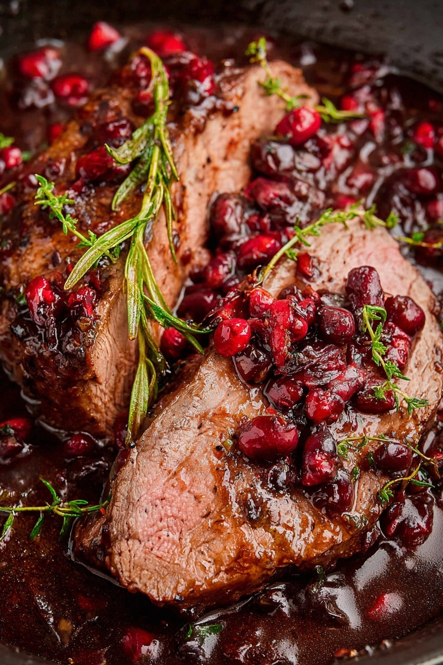 The image shows two thick slices of cooked meat with a pink inside and browned outside, placed close together in a pan filled with a dark brown sauce. The sauce contains small red berries scattered on top and around the meat. Some green sprigs of herbs lie over the meat and sauce, adding detail and color. The meat looks juicy and tender, with a shiny glaze from the sauce covering it. photo taken with an iphone --ar 2:3 --v 7 - Cranberry Balsamic Roast Beef, Roast Beef with Cranberries and Balsamic, Juicy Roast Beef with Cranberry Glaze, Balsamic Cranberry Beef Recipe, Tender Roast Beef with Balsamic & Cranberries