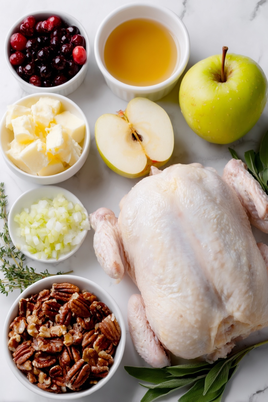 Flat lay of a whole Cornish hen with smooth pale skin, a small pile of long grain and wild cooked rice in a simple white ceramic bowl, a half peeled and diced Fuji apple showing crisp white flesh, a small handful of sweetened dried cranberries, a few sprigs of fresh flat-leaf parsley, a few sprigs of fresh sage, a few sprigs of fresh thyme, a small mound of chopped onion, a small mound of chopped celery, a small pile of coarsely chopped pecans, a small white bowl of melted unsalted butter, a small white bowl with amber maple syrup, a small white bowl with light golden apple cider, a small white bowl holding smooth Dijon mustard, and a small white bowl with ground cinnamon powder, all arranged in perfect symmetry on a clean white marble surface, soft natural light, photo taken with an iPhone, professional food photography style, fresh ingredients, white ceramic bowls, no bottles, no duplicates, no utensils, no packaging --ar 2:3 --v 7 --p m7354615311229779997 - Stuffed Cornish Hens with Apple Cranberry Glaze, Cornish Hen main dish, elegant holiday poultry, flavorful stuffed Cornish hens, apple cranberry glaze recipe