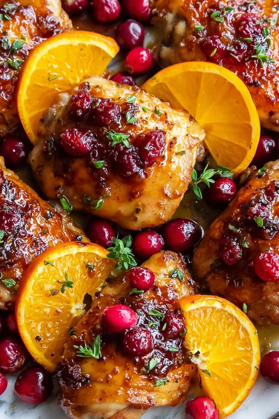 This image shows a close-up of four golden brown cooked chicken pieces arranged closely together. Each piece is glazed with a shiny sauce that has small red berry bits on top. Bright orange slices are tucked between the chicken pieces, adding a fresh look with their juicy texture and vibrant orange color. Whole red cranberries are scattered around the chicken and orange slices, adding pops of deep red. Small green herb leaves are sprinkled over the dish, giving it a fresh touch. The background is a white marbled texture. photo taken with an iphone --ar 2:3 --v 7 - Cranberry Orange Chicken, Cranberry Orange Chicken recipe, easy chicken dinner with cranberries, citrus chicken recipes, flavorful chicken with cranberries