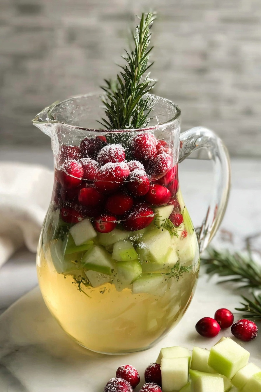 Three tall white wine glasses filled with a light yellow sparkling drink are shown standing on a white marbled surface. Each glass has a thick layer of sugar around the rim. Floating inside the drink are red cranberries, green melon cubes, and a sprig of fresh green rosemary standing upright. Around the base of the glasses on the marbled surface, there are scattered whole cranberries, green melon cubes, and small rosemary sprigs, adding a festive touch. The photo is taken with an iphone --ar 2:3 --v 7 - Festive Cranberry Green Apple Sangria, holiday fruit sangria, easy holiday cocktails, cranberry apple cocktail, Christmas party drinks