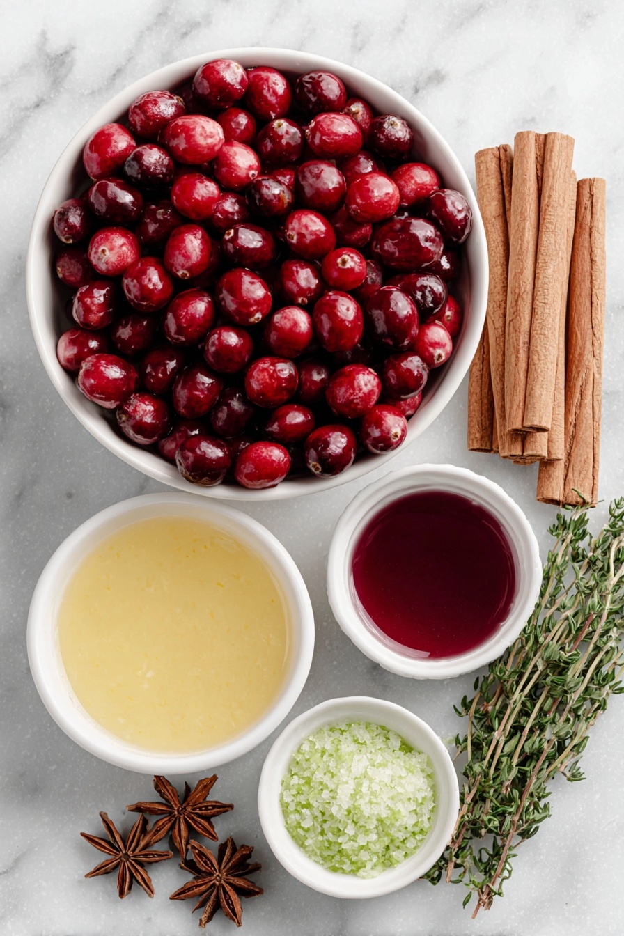 Flat lay of a large simple white ceramic bowl filled with fresh bright red cranberries, a small white bowl with vivid orange orange juice, a small white bowl holding deep red sweetened cranberry juice, a small white bowl of clear golden ginger ale, several whole cinnamon sticks neatly arranged, six whole star anise pods, a few fresh green thyme sprigs, and a small pile of finely grated green lime zest, all ingredients fresh and natural, perfectly balanced and symmetrical arrangement, placed on a clean white marble surface, soft natural light, photo taken with an iPhone, professional food photography style, fresh ingredients, white ceramic bowls, no bottles, no duplicates, no utensils, no packaging --ar 2:3 --v 7 --p m7354615311229779997 - Festive Cranberry Ginger Punch, holiday non-alcoholic punch, easy holiday party drinks, cranberry ginger party beverage, Christmas punch recipe