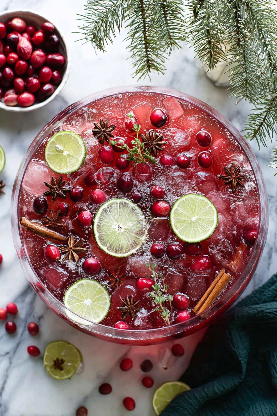 There are five clear, textured glasses filled with pink drink and ice on a white marbled surface. Each glass has a cinnamon stick placed diagonally on top, some with whole cranberries and anise star floating in the drink. One glass has a small green lime wedge resting inside near the rim. The glasses vary in height and style but all show the pink liquid brightly. A white bowl filled with fresh red cranberries is also visible at the bottom right. The scene is well lit with soft daylight. photo taken with an iphone --ar 2:3 --v 7 - Festive Cranberry Ginger Punch, holiday non-alcoholic punch, easy holiday party drinks, cranberry ginger party beverage, Christmas punch recipe