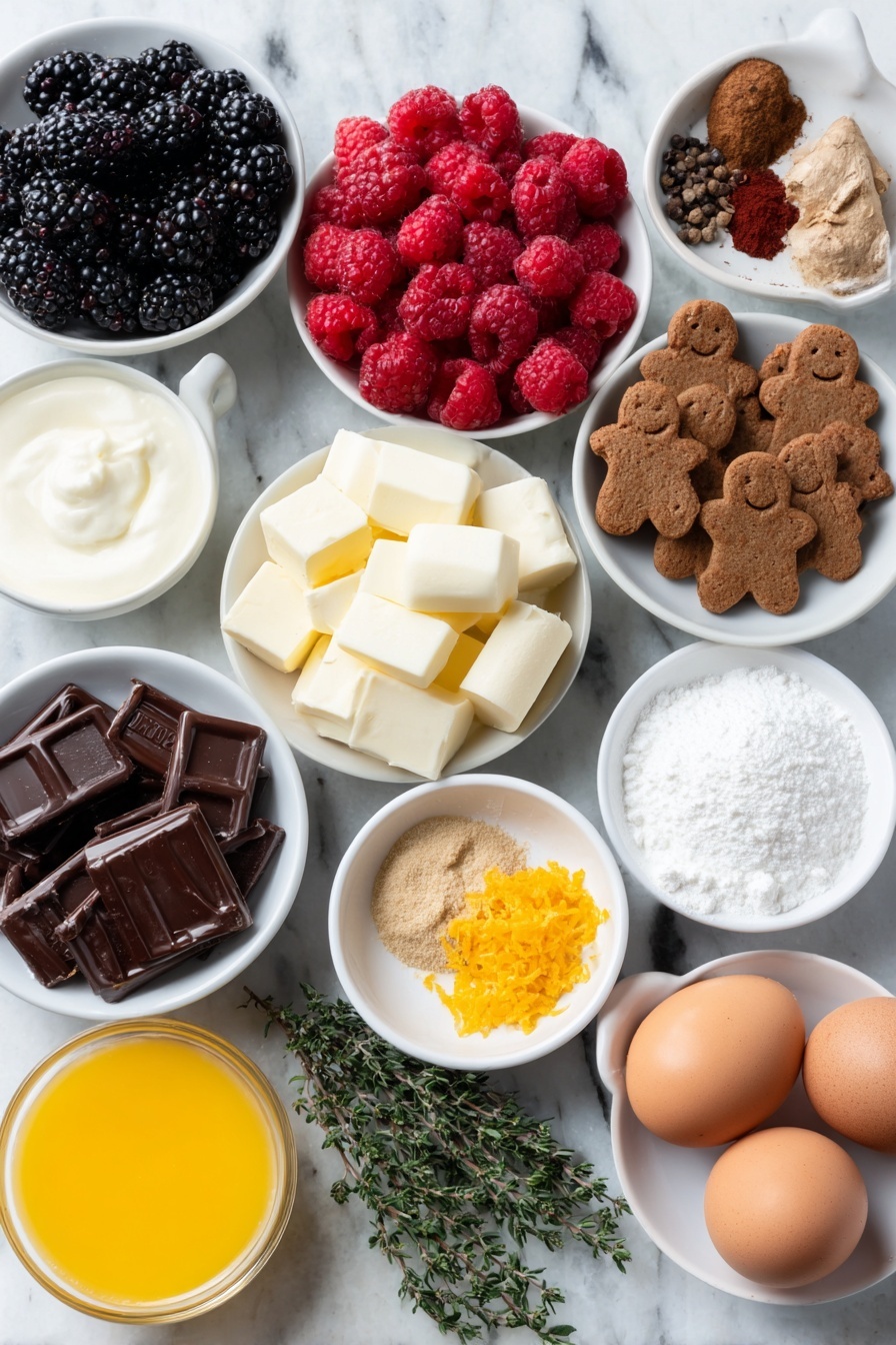 Flat lay of fresh blackberries, ripe raspberries, glossy dark cherries, whole Walkers Shortbread Gingerbread Men cookies shaped like little gingerbread men, smooth blocks of white chocolate, a small mound of powdered sugar, a small white bowl of melted golden butter, fresh cream cheese blocks, a small white bowl with vibrant orange juice, bright orange zest curls, a small white bowl of granulated sugar, a small white bowl of red wine, assorted whole spices including cinnamon sticks, whole cardamom pods, fresh nutmeg with a grater, a small white bowl of ground ginger, a pinch of salt in a small white bowl, sprigs of fresh thyme and rosemary, and whole uncracked brown eggs all arranged with perfect symmetry on simple white ceramic bowls and dishes, placed on a clean white marble surface, soft natural light, photo taken with an iPhone, professional food photography style, fresh ingredients, white ceramic bowls, no bottles, no duplicates, no utensils, no packaging --ar 2:3 --v 7 --p m7354615311229779997 - No-Bake White Chocolate Cheesecake with Mulled Fruit, white chocolate cheesecake, no-bake winter dessert, festive holiday cheesecake, mulled fruit dessert