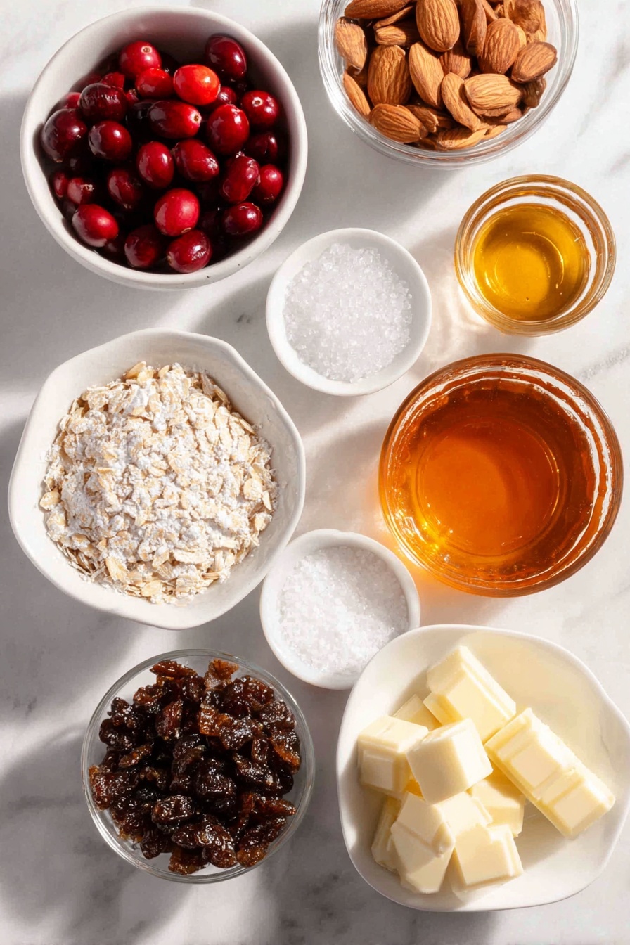 Flat lay of a small white ceramic bowl of gluten-free oats, a small white ceramic bowl of raw whole almonds, a small white ceramic bowl with melted coconut oil, a small white ceramic bowl of amber maple syrup, a handful of fresh whole cranberries, a small white ceramic bowl of clear water, a small white ceramic bowl of agar agar powder, a small white ceramic bowl of smooth coconut milk, a small white ceramic bowl of raw whole cashews, a small white ceramic bowl of melted and cooled vegan white chocolate, a small white ceramic bowl of melted and cooled cacao butter, a small white ceramic bowl of white sea salt crystals, placed on a clean white marble surface, soft natural light, photo taken with an iPhone, professional food photography style, fresh ingredients, white ceramic bowls, no bottles, no duplicates, no utensils, no packaging --ar 2:3 --v 7 --p m7354615311229779997 - Cranberry White Chocolate Tart, cranberry white chocolate tart, holiday tart, fruit dessert, gluten-free tart