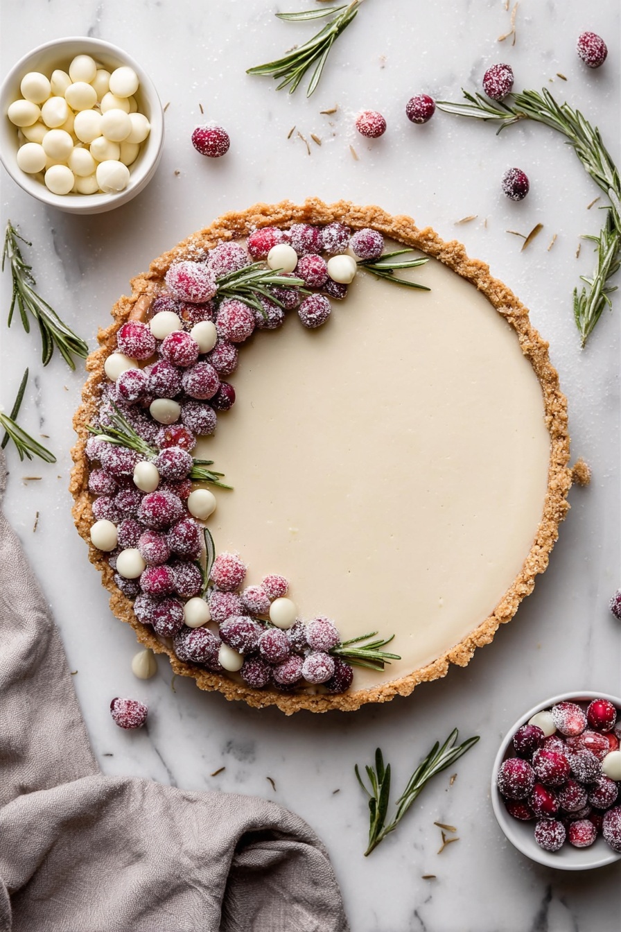 A round tart with a golden, crumbly crust holds a smooth, pale cream filling that covers the entire base. On the top left edge of the tart, there is a decorative ring made of red and purple sugared cranberries, bright green rosemary sprigs, and small white chocolate drops, all arranged in an alternating pattern. More white chocolate drops and rosemary sprigs are scattered around the tart on a white marbled surface, along with two small white bowls filled with white chocolate drops and sugared cranberries. A soft gray cloth is casually placed toward the bottom left corner. The photo taken with an iphone --ar 2:3 --v 7 - Cranberry White Chocolate Tart, cranberry white chocolate tart, holiday tart, fruit dessert, gluten-free tart