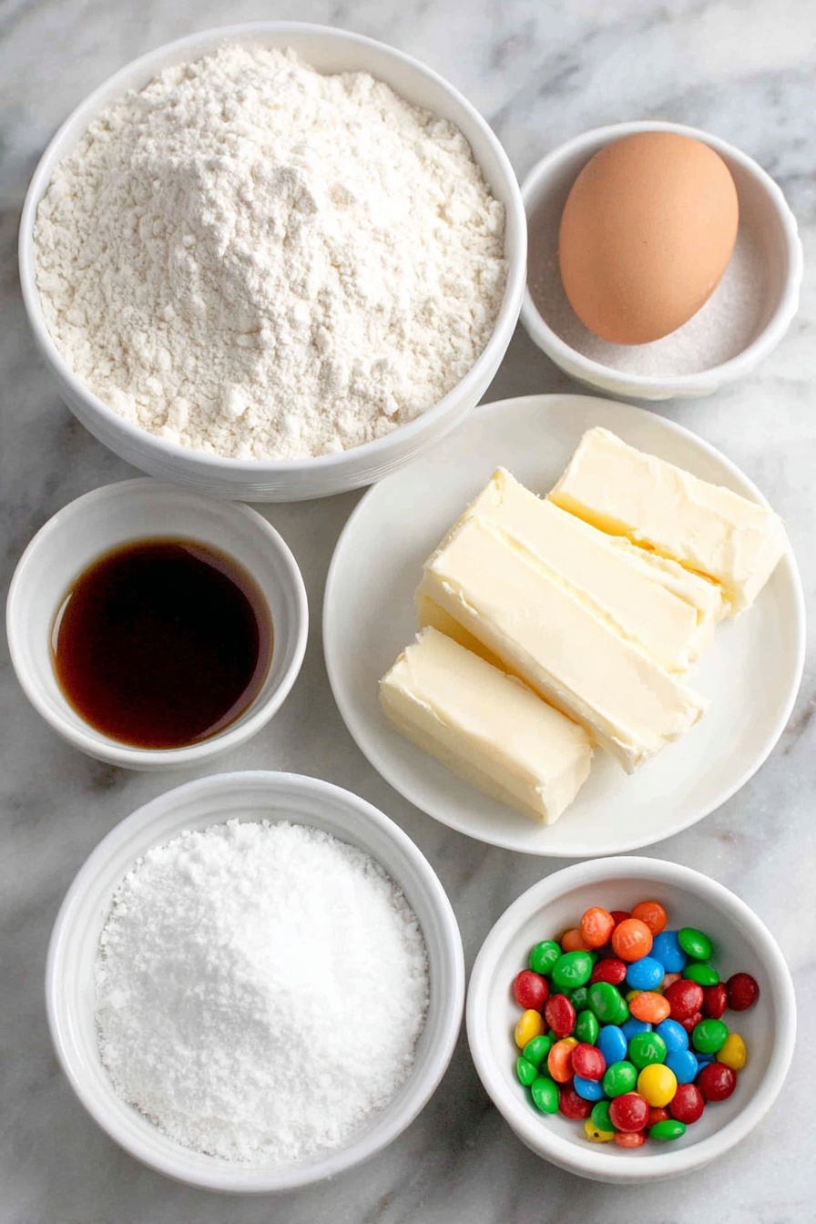 Flat lay of a small mound of all-purpose flour in a simple white ceramic bowl, a teaspoon of baking powder in a small white bowl, a pinch of salt in another small white bowl, two sticks of unsalted butter with a pale yellow creamy texture on a white plate, a white ceramic bowl filled with granulated sugar sparkling like tiny crystals, one large whole egg with a smooth light brown shell, a small white bowl holding clear vanilla extract, a few broken pieces of assorted colorful hard candies (red, green, yellow, and orange) unwrapped and crushed, and a small white bowl containing fine powdered sugar dust, all arranged with perfect symmetry and balanced proportions placed on a clean white marble surface, soft natural light, photo taken with an iPhone, professional food photography style, fresh ingredients, white ceramic bowls, no bottles, no duplicates, no utensils, no packaging --ar 2:3 --v 7 --p m7354615311229779997 - Stained Glass Cookie, holiday cookie ideas, colorful cookie designs, easy holiday baking, festive cookie recipes