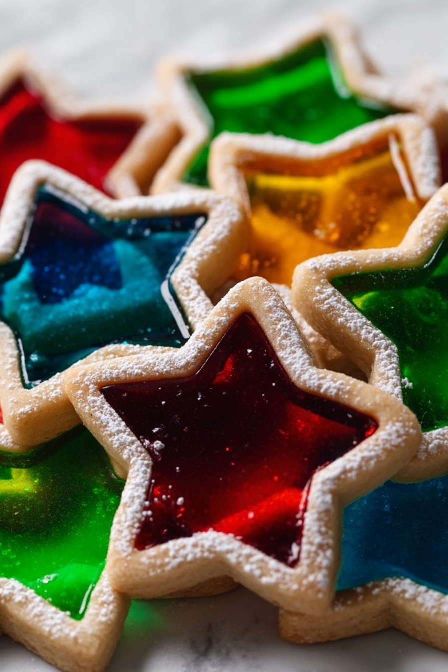 The image shows a pile of star-shaped cookies on a white marbled surface. Each cookie has two layers: a bottom thicker cookie crust layer with a pale golden color and a top smaller star-shaped cutout filled with shiny, colorful translucent candy in red, blue, green, and yellow colors. The edges of the cookies are dusted lightly with white powdered sugar, adding a soft texture contrast against the smooth candy centers. The cookies are stacked closely, creating a colorful arrangement with some overlapping stars. photo taken with an iphone --ar 2:3 --v 7 - Stained Glass Cookie, holiday cookie ideas, colorful cookie designs, easy holiday baking, festive cookie recipes