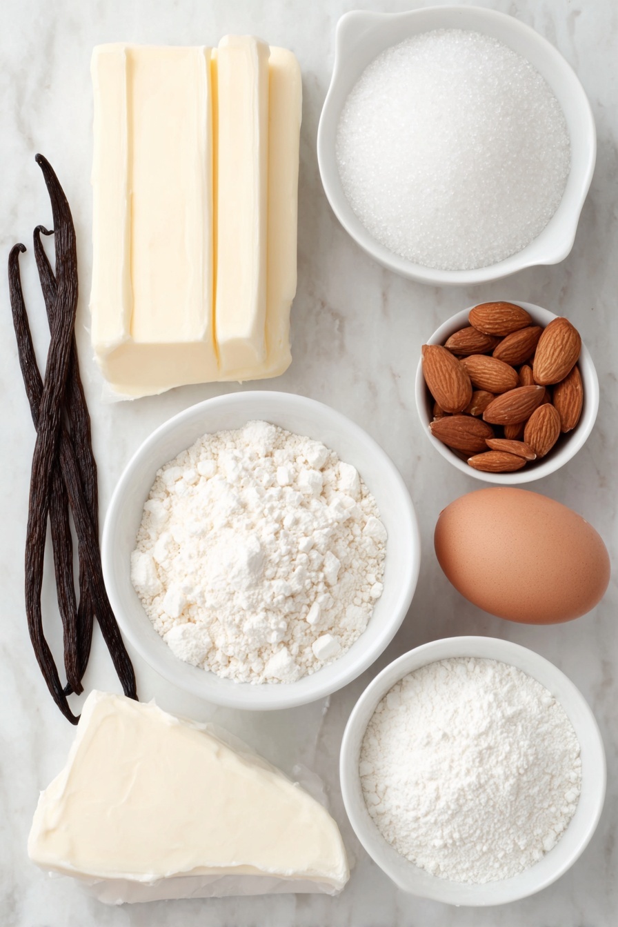 Flat lay of a small pile of unsalted butter sticks with smooth creamy texture, a wedge of fresh cream cheese with a soft white interior, a small mound of granulated white sugar, a single large brown egg with a clean uncracked shell, a few vanilla beans arranged naturally, a few whole almonds scattered to suggest almond extract, a neat heap of all-purpose flour with fine powdery texture, a small pile of white cornstarch powder, a pinch of fine salt crystals, a small mound of white baking powder, a small white ceramic bowl filled with powdered sugar, a small white ceramic bowl with white meringue powder, a small white ceramic bowl containing clear water, a single smooth vanilla bean pod beside a small white ceramic bowl of additional water, several small white ceramic bowls each with a different vivid shade of green gel food coloring, placed on a clean white marble surface, soft natural light, photo taken with an iPhone, professional food photography style, fresh ingredients, white ceramic bowls, no bottles, no duplicates, no utensils, no packaging --ar 2:3 --v 7 --p m7354615311229779997 - Marbled Sugar Cookies with Royal Icing, colorful marbled sugar cookies, holiday sugar cookie ideas, homemade decorated cookies, easy royal icing cookies
