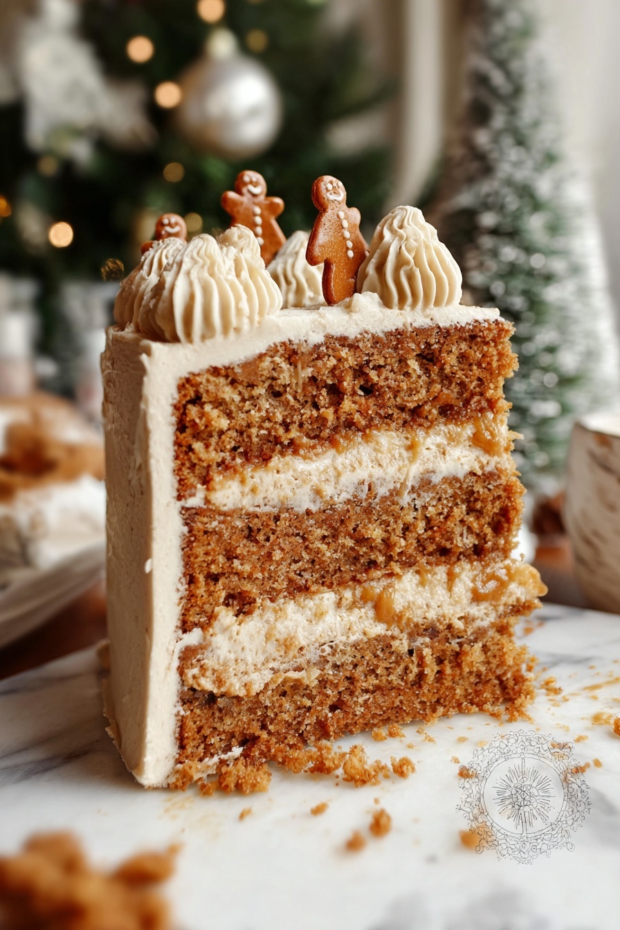 A tall, three-layer gingerbread cake with light brown sponge layers separated by two layers of cream and golden caramel filling, all covered in a thick layer of creamy, off-white frosting. The top edge of the cake is decorated with small swirls of cream and tiny gingerbread men standing upright, adding a festive touch. The cake sits on a white marbled surface, with a blurred Christmas tree and seasonal decorations in the soft background. Crumbs scatter slightly at the base, showing the moist texture inside. photo taken with an iphone --ar 2:3 --v 7 - Vegan Gingerbread Cake with Spiced Buttercream, vegan gingerbread cake, holiday gingerbread dessert, dairy-free gingerbread cake, spiced vegan cake